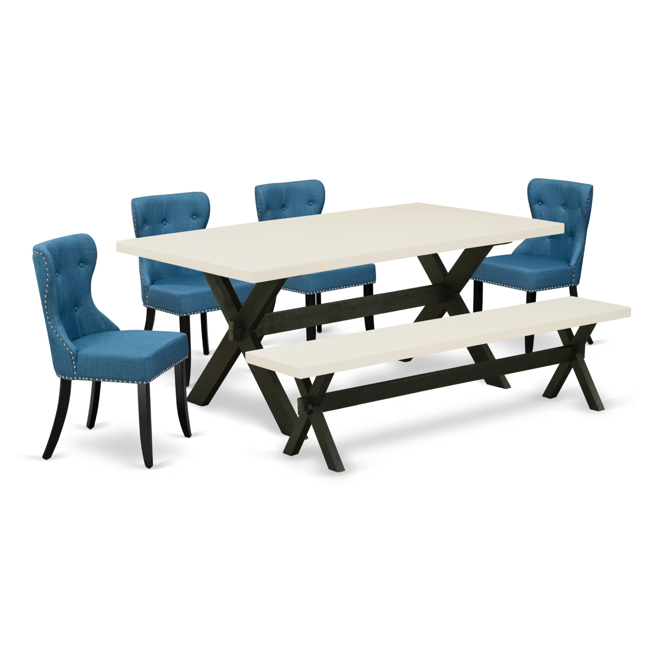East West Furniture X627Si121-6 6 Piece Kitchen Table & Chairs Set Contains A Rectangle Wooden Table And 4 Blue Linen Fabric Parson Chairs With A Bench, 40X72 Inch, Multi-Color