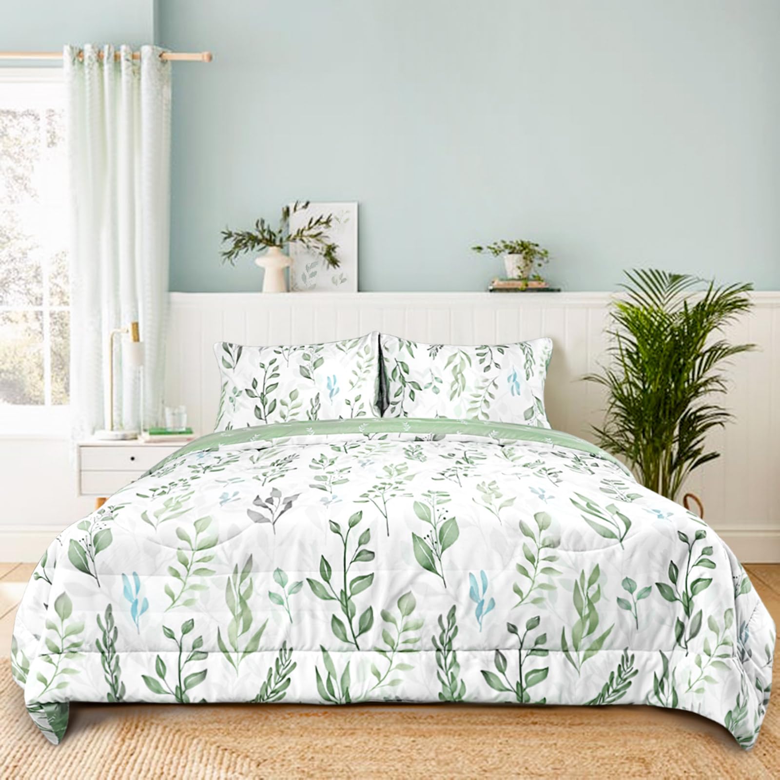 Dilimi Reversible Comforter Set For Girls, 5 Pieces Ultra Soft Green Leaf Full Size Bed Comforter Sets With Sheet, Comforter, Fl