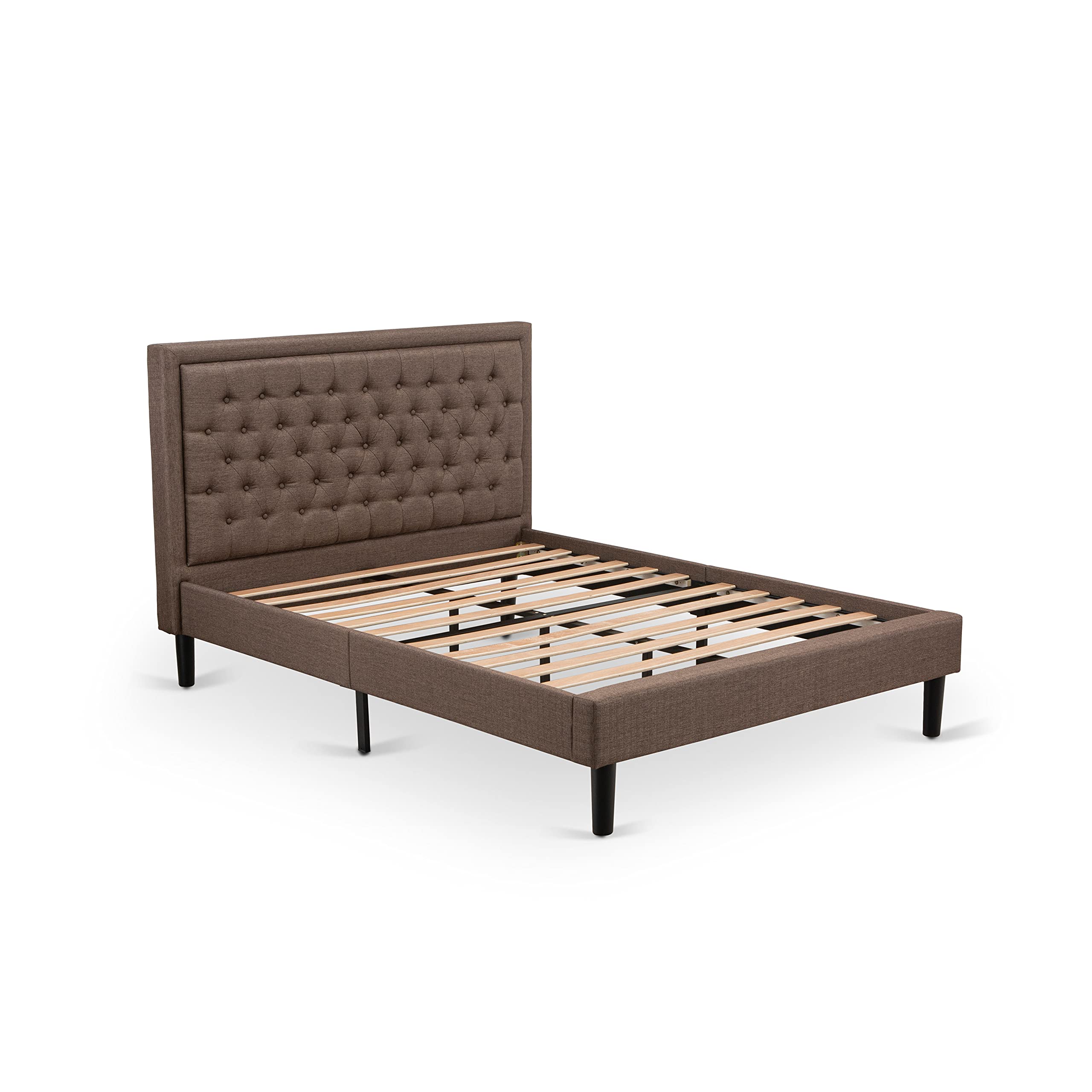 East West Furniture KDF-18-Q Platform Queen Bed Frame - Brown Linen Fabric Upholstered Bed Headboard with Button Tufted Trim Design - Black Legs