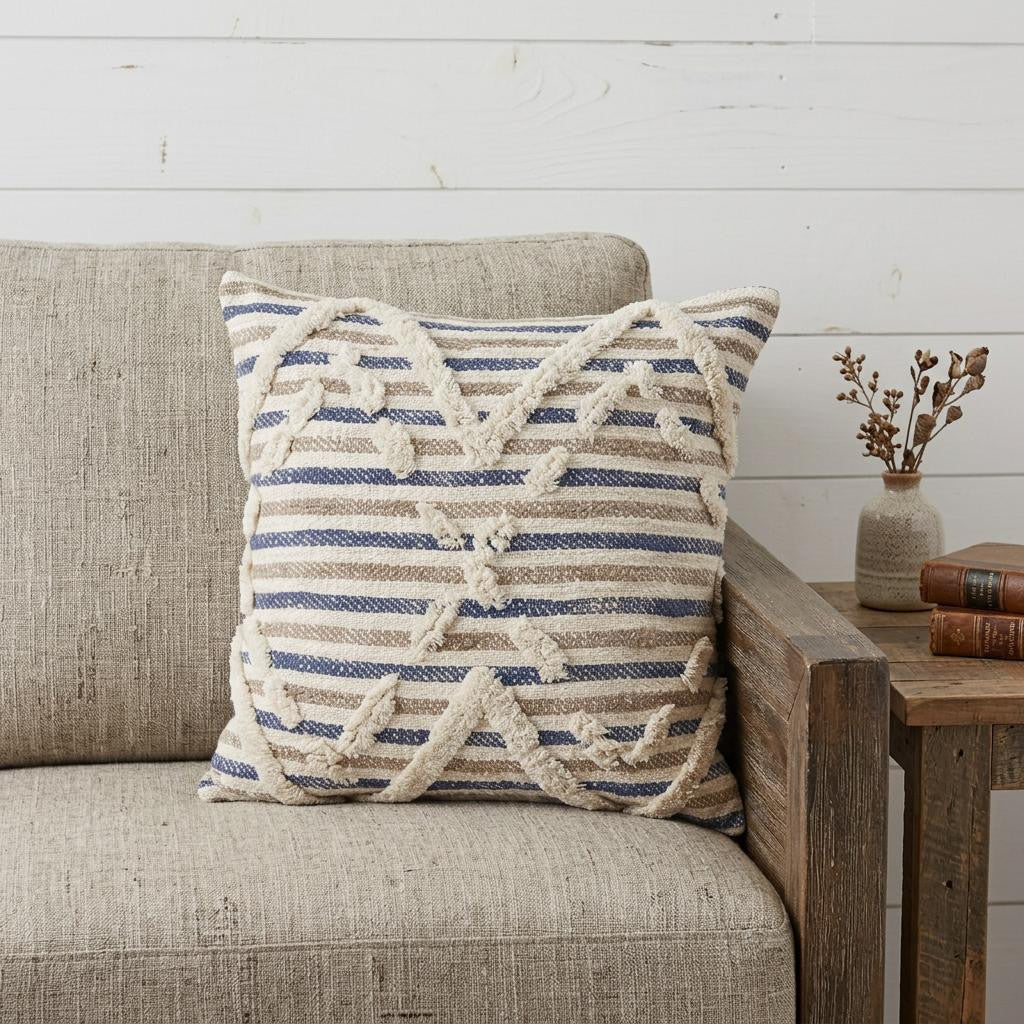 18 Inch Blue And Tan Beach Diamond Cotton Throw Pillow Cover with Tufts