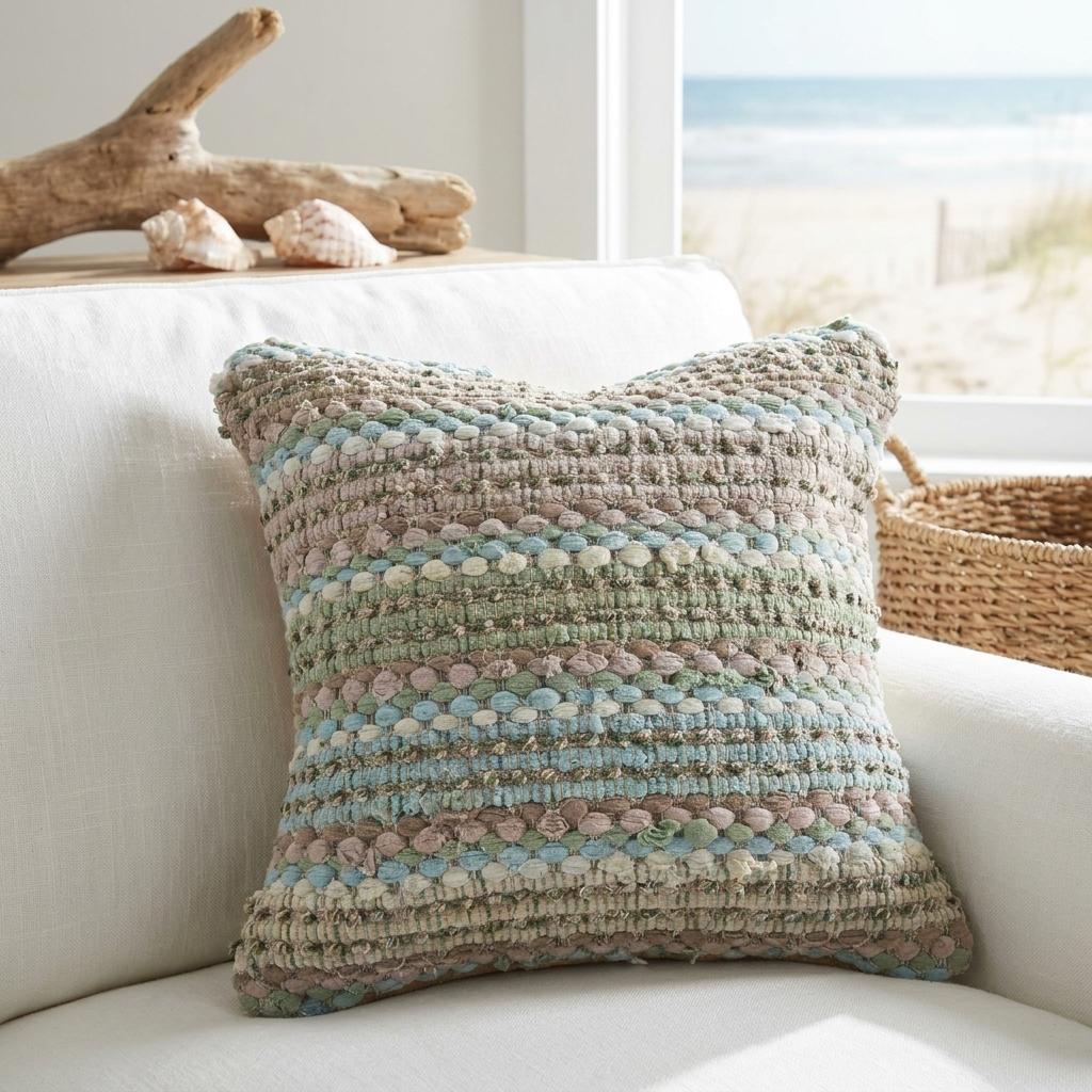 18 Inch Green And Blue Beach Striped Cotton Blend Throw Pillow Cover