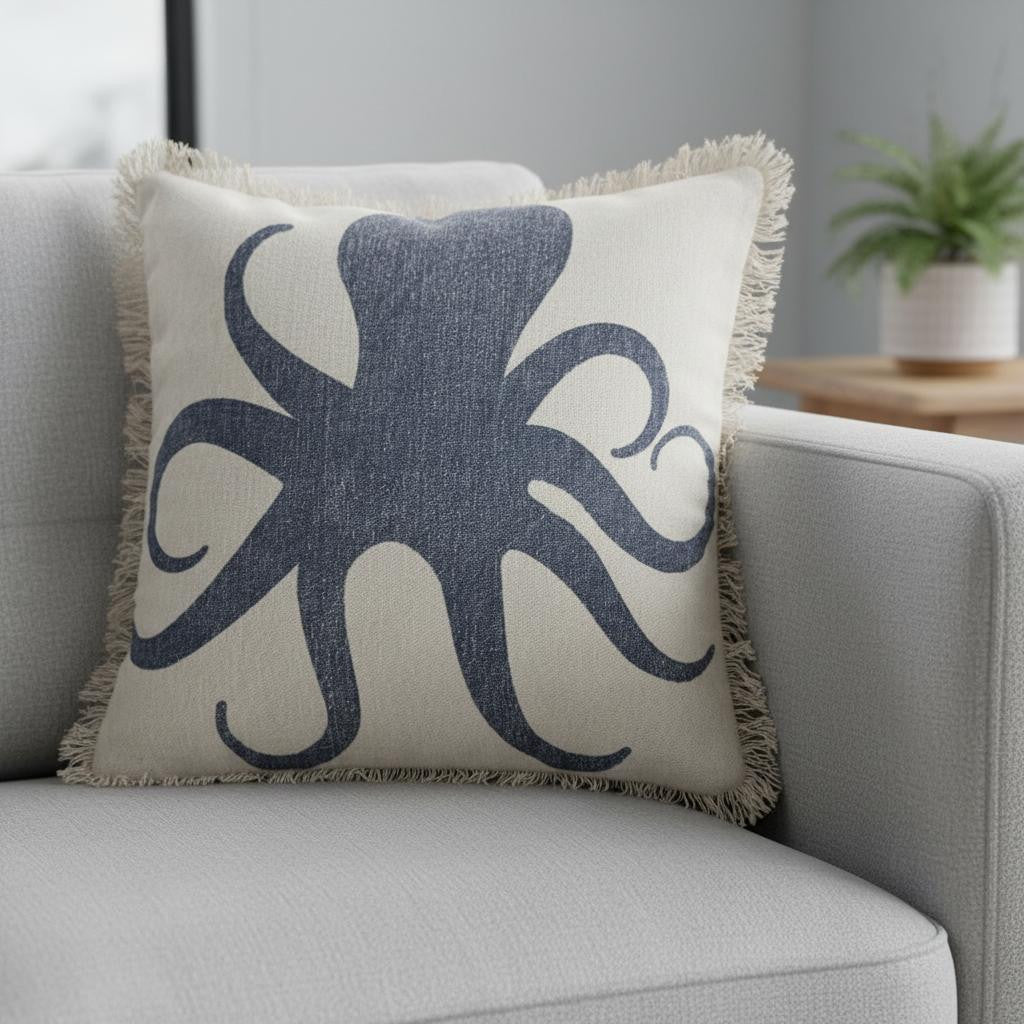 18 Inch Blue And White Beach Cotton Throw Pillow Cover