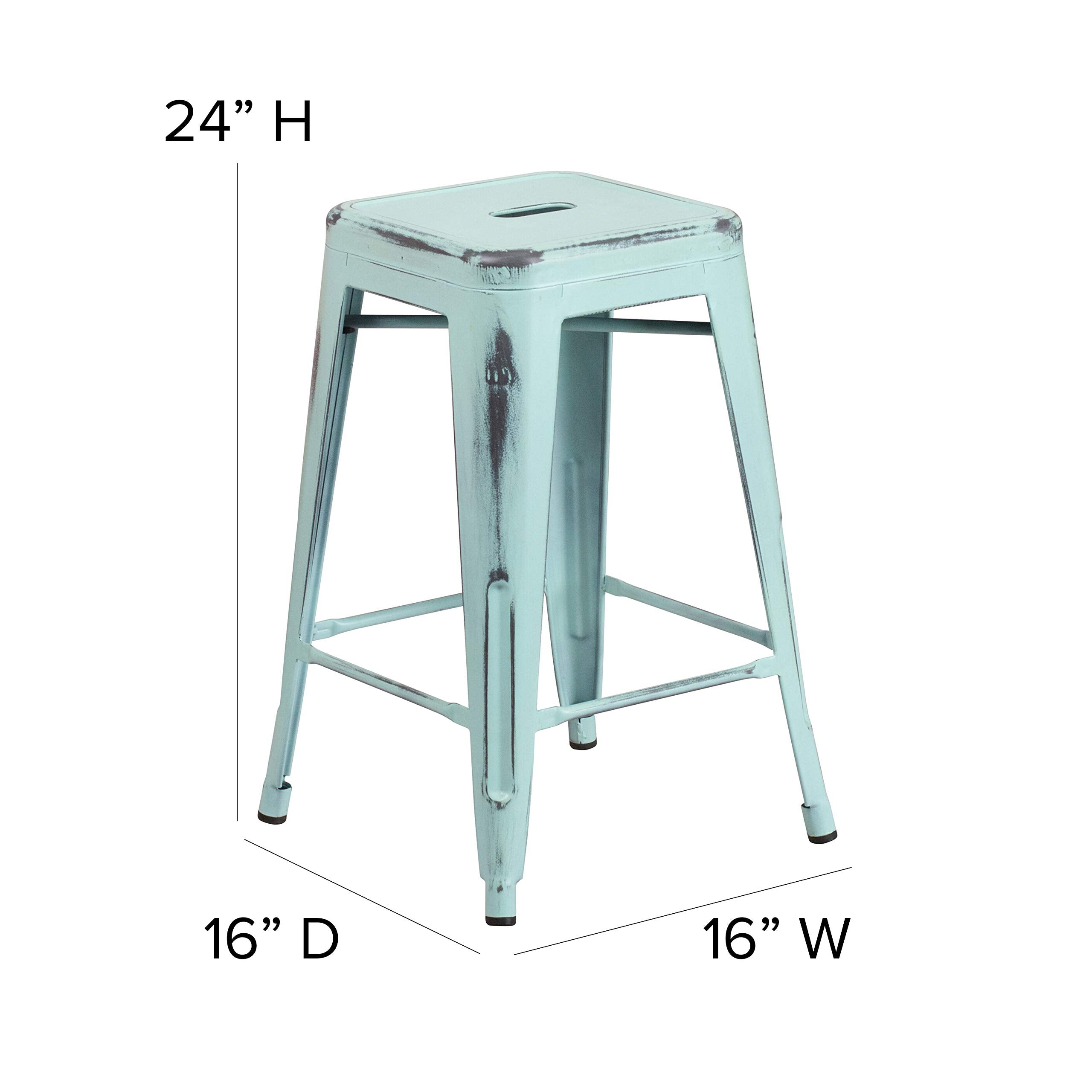 Flash Furniture Commercial Grade 24' High Backless Distressed Green-Blue Metal Indoor-Outdoor Counter Height Stool