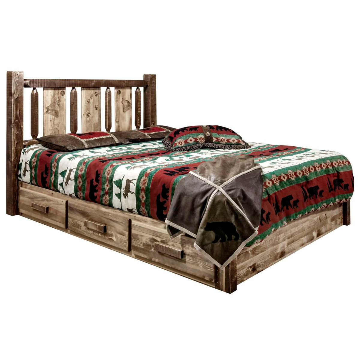 Montana Woodworks Homestead Collection Platform Bed w/Storage, Twin w/Laser Engraved Wolf Design, Stain & Clear Lacquer Finish