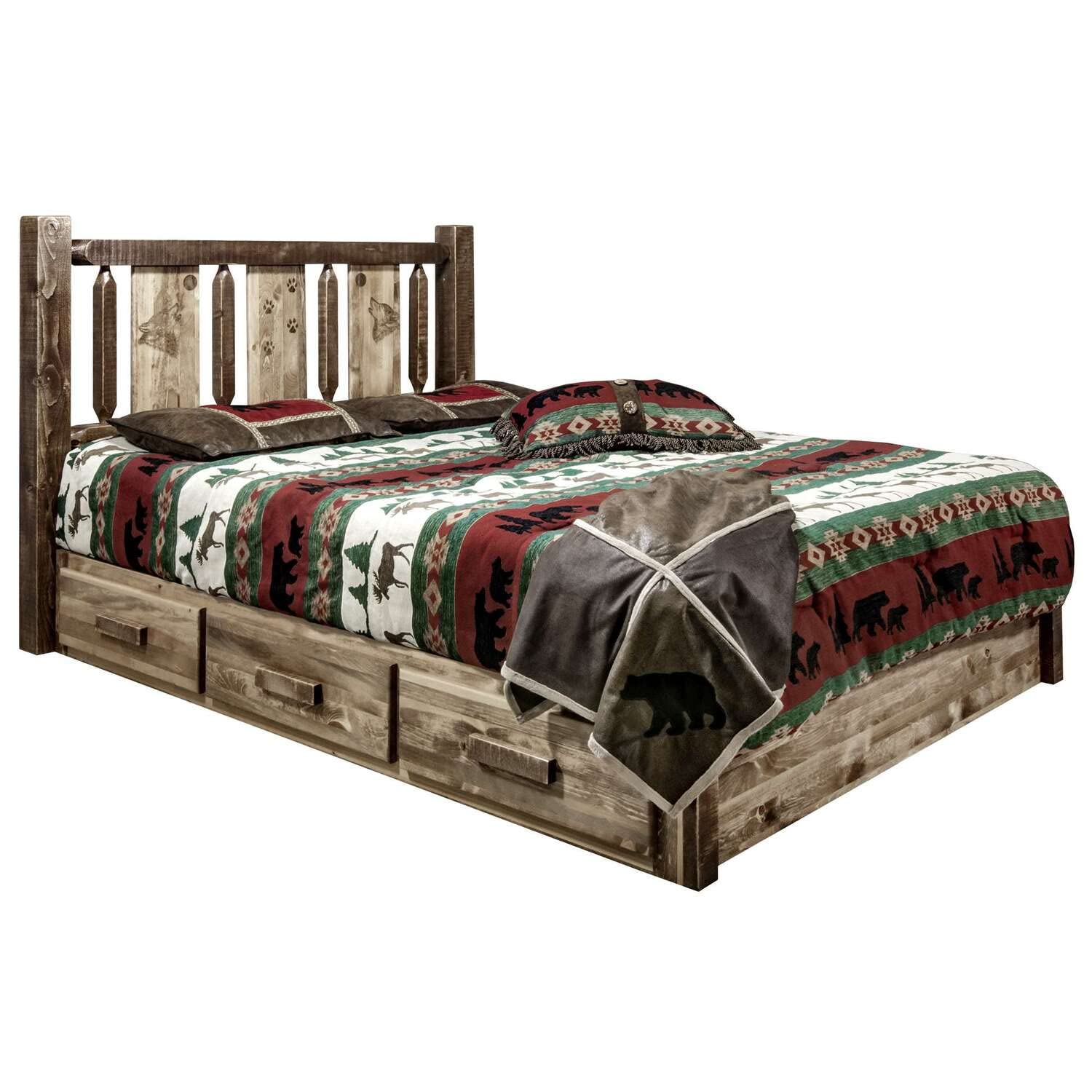 Montana Woodworks Homestead Collection Platform Bed w/Storage, Queen w/Laser Engraved Wolf Design, Stain & Clear Lacquer Finish