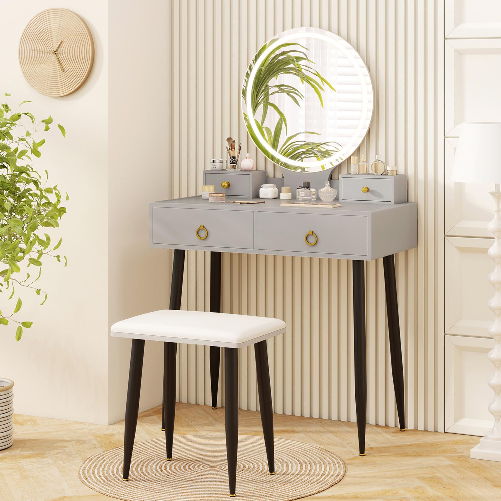 CHARMAID Vanity Desk with Mirror and Lights, Makeup Vanity with 4 Storage Drawers, 3 Lighting Modes, Adjustable Brightness, Mode