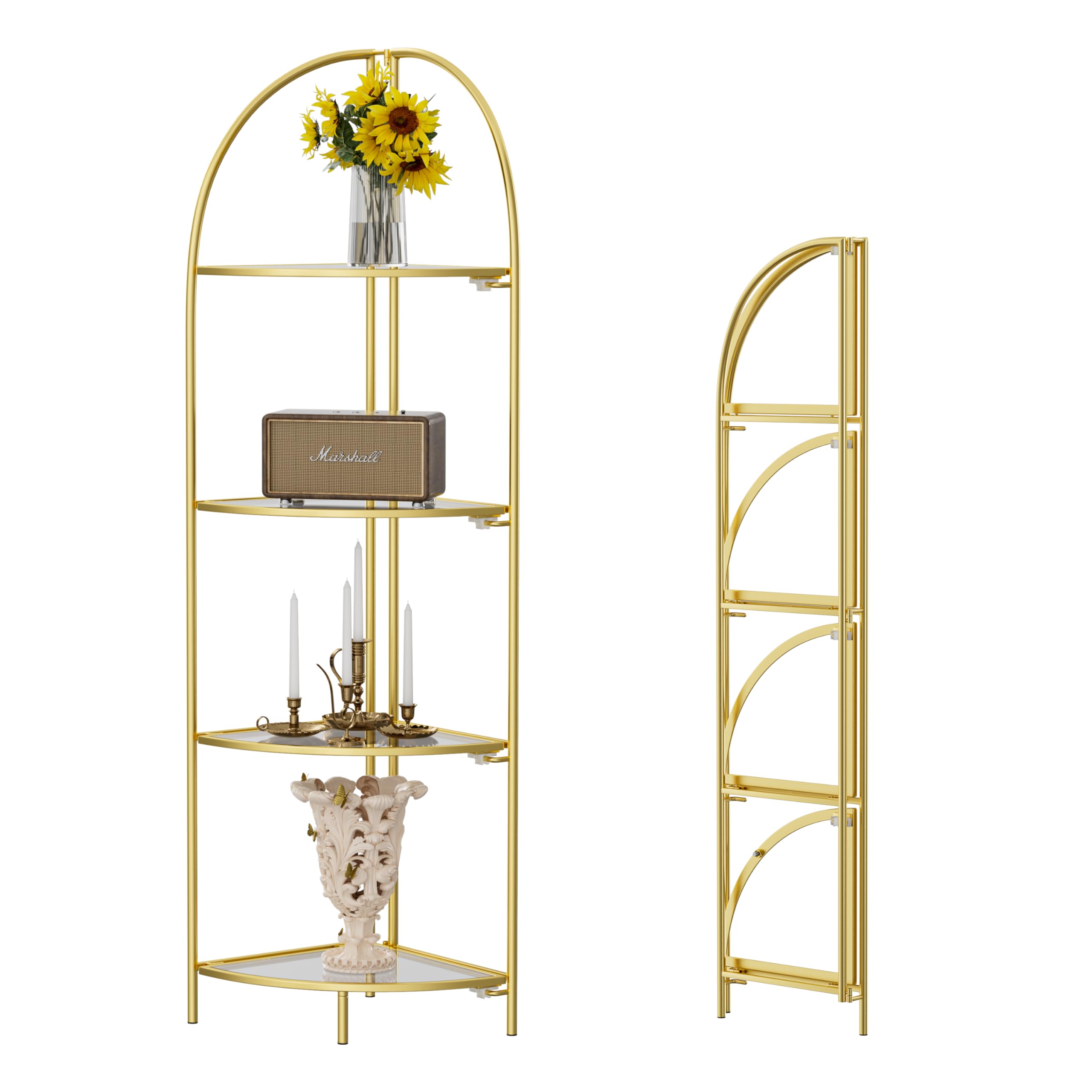 Crofy Foldable 4 Tier Corner Shelf, Metal Corner Plant Stand with Gold Frame and Transparent Shelves, Corner Display Rack Multip