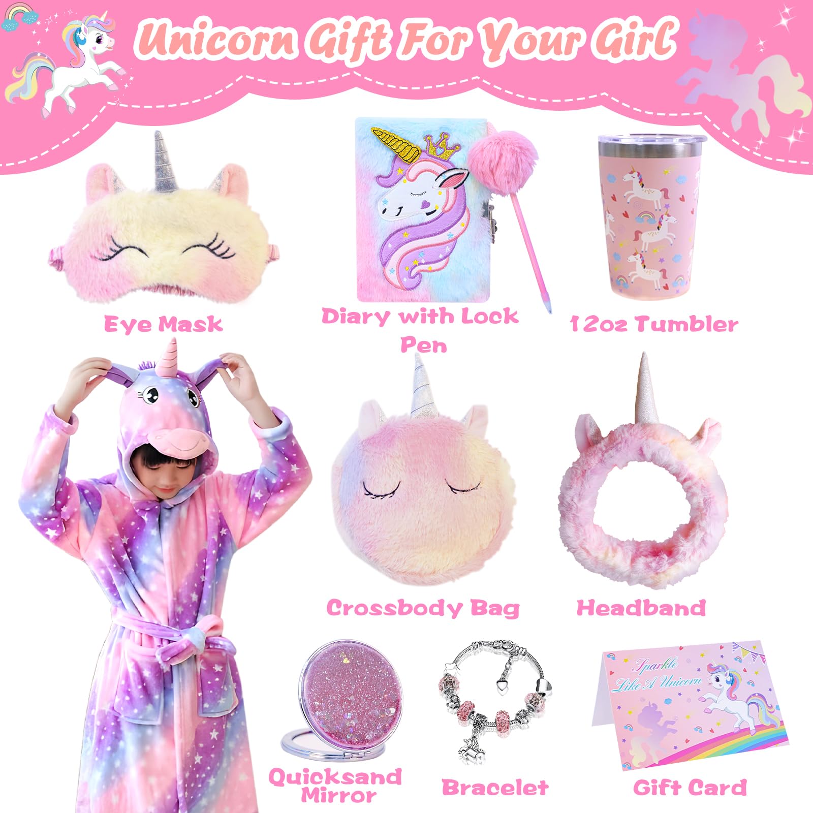 Unicorn Gifts For Girls Age 6-8, Christmas Birthday Gift Box For 6 7 8 9 10 Years Old Girl, 8Pcs Unicorn-Themed Gift Basket With