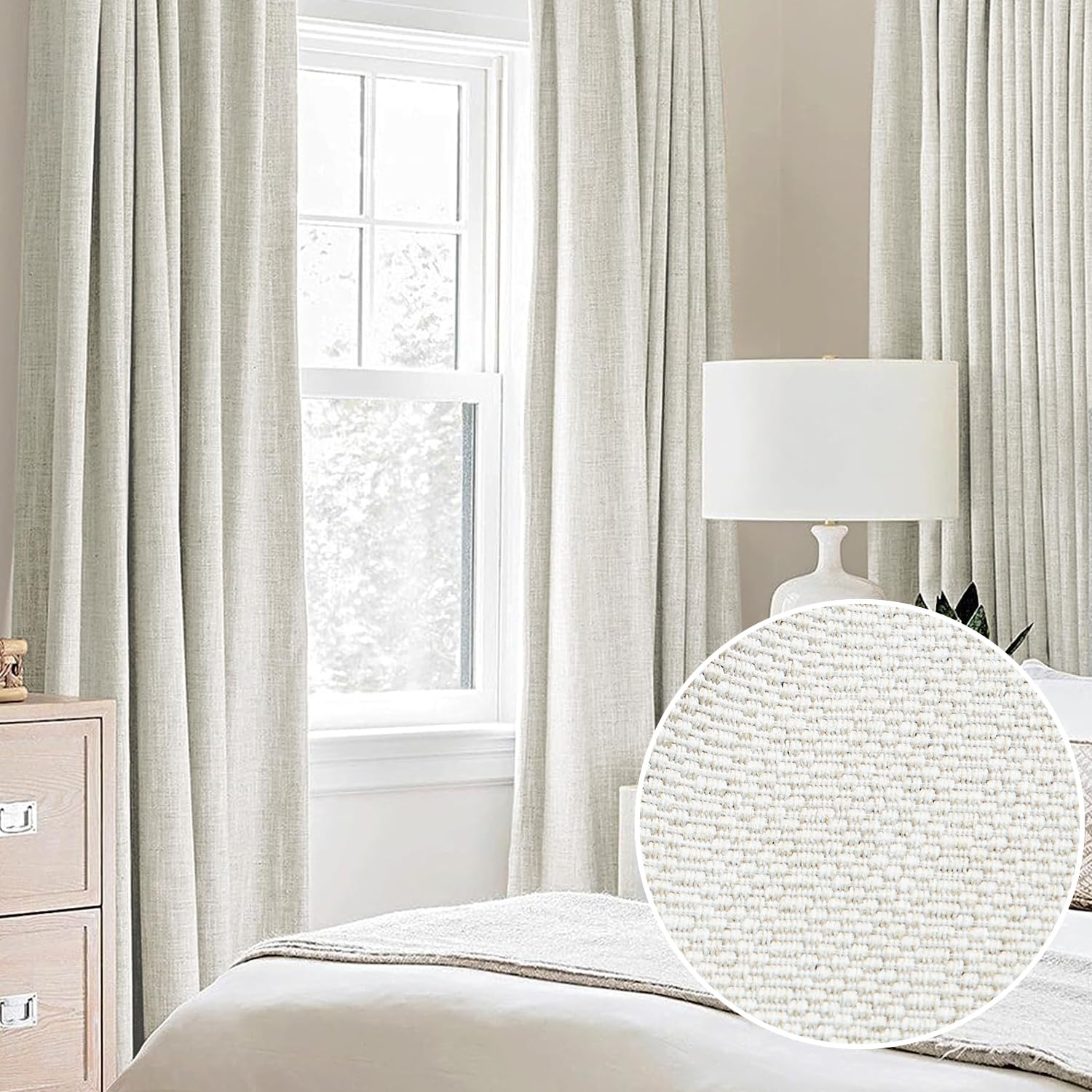 Cream White Linen Blackout Curtains For Living Room Bedroom, Thermal Insulated Energy Saving Window Panels Farmhouse Burlap Text
