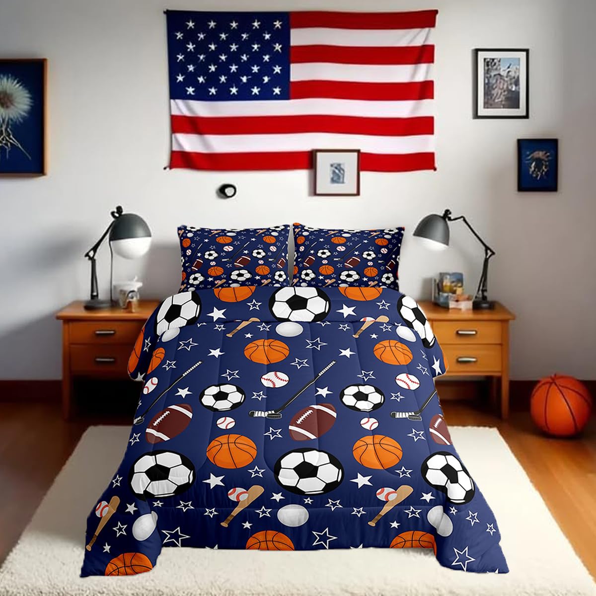Feelyou Sports Theme Bedding Set King Size Basketball Football Baseball Hockey Comforter Set for Kids Boys Girls Teens Toddler B