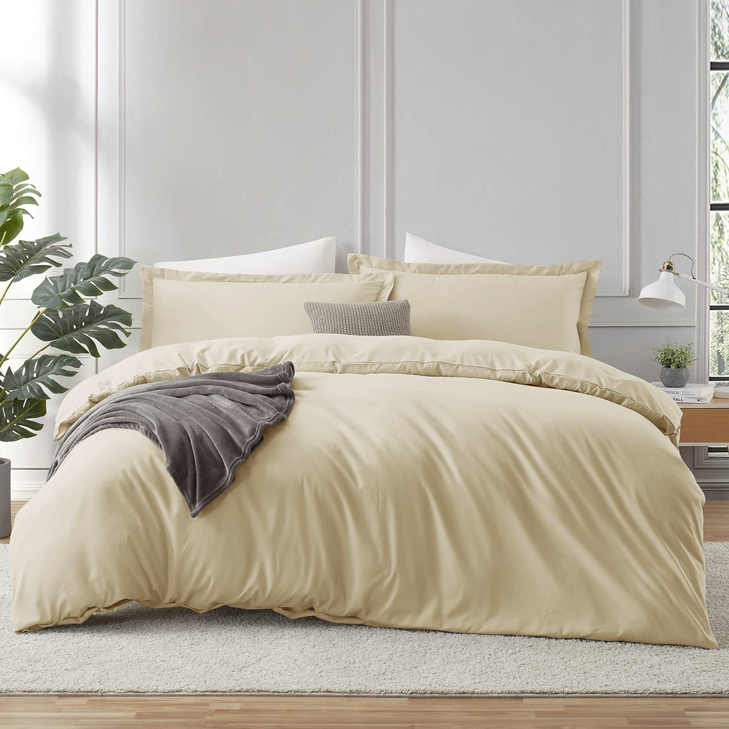 Hearth & Harbor Beige Cream Duvet Cover King Size - 3 Piece King Duvet Cover Set, Soft Double Brushed King Duvet Covers With But