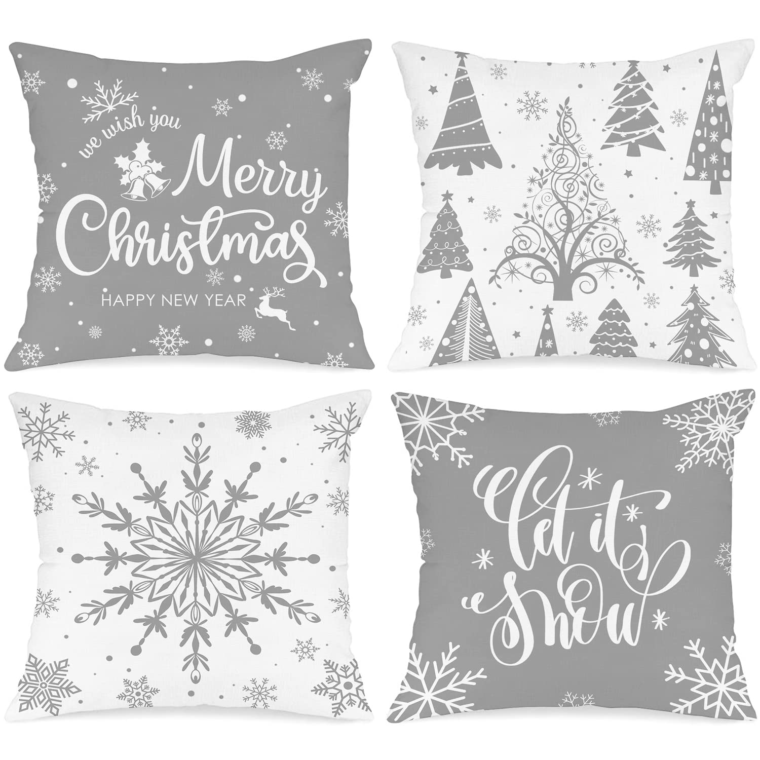 Lanpn White And Grey Christmas Throw Pillow Covers 16X16 Set Of 4, Decorative 16 Inch Gray Winter Snowflake Xmas Cushion Covers