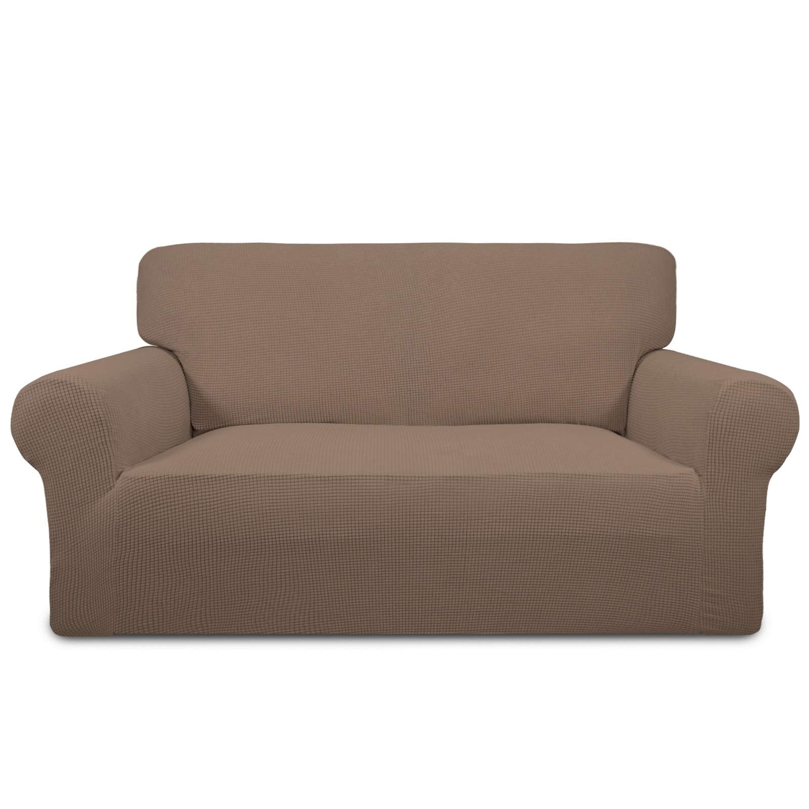 Purefit Stretch Loveseat Sofa Slipcover – Spandex Jacquard Non Slip Soft Couch Sofa Cover, Washable Furniture Protector With Non Skid Foam And Elastic Bottom For Kids (Loveseat, Camel)
