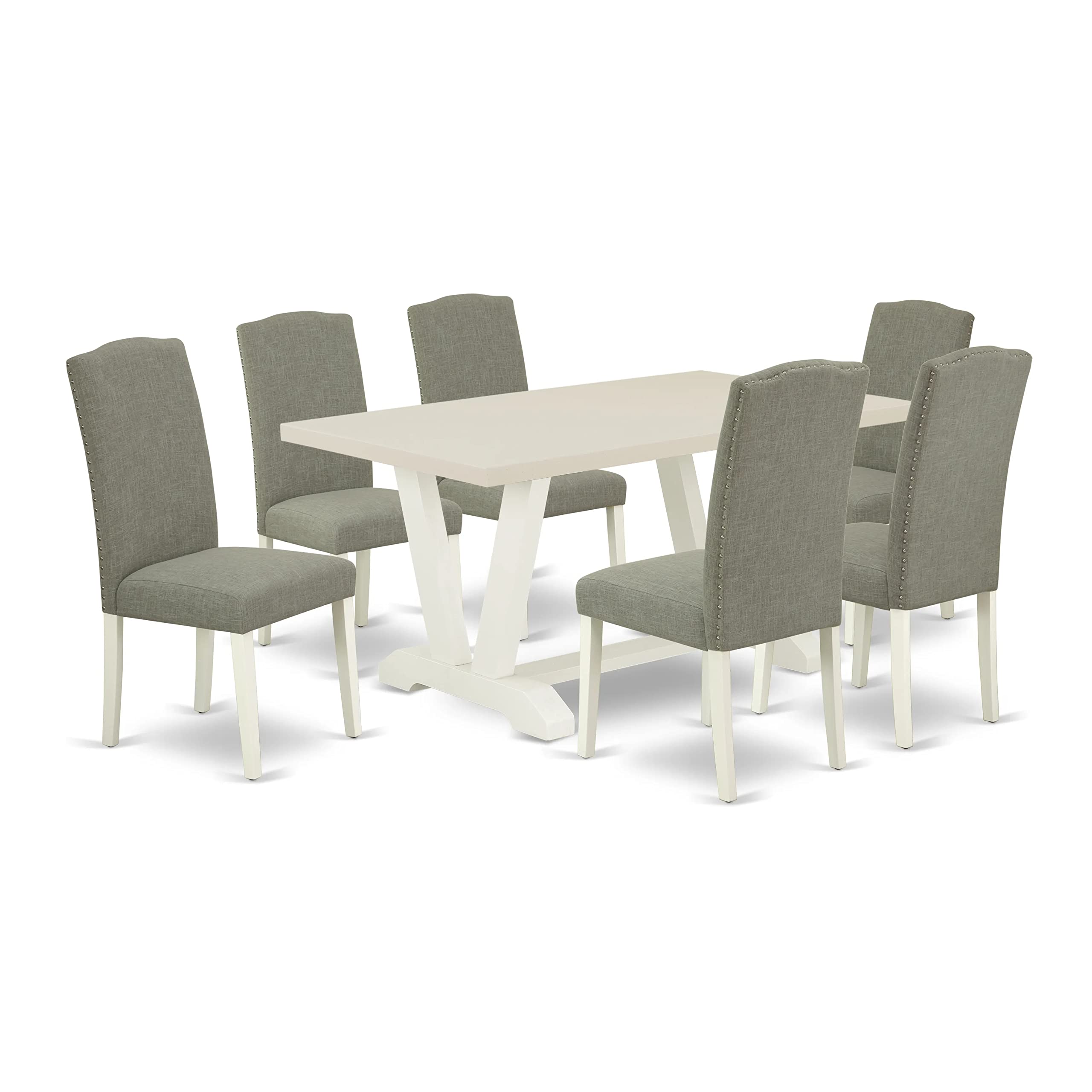 East West Furniture V-Style 7 Piece Room Furniture Set Consist Of A Rectangle Dining Table With V-Legs And 6 Dark Shitake Linen Fabric Parsons Chairs, 36X60 Inch, Multi-Color