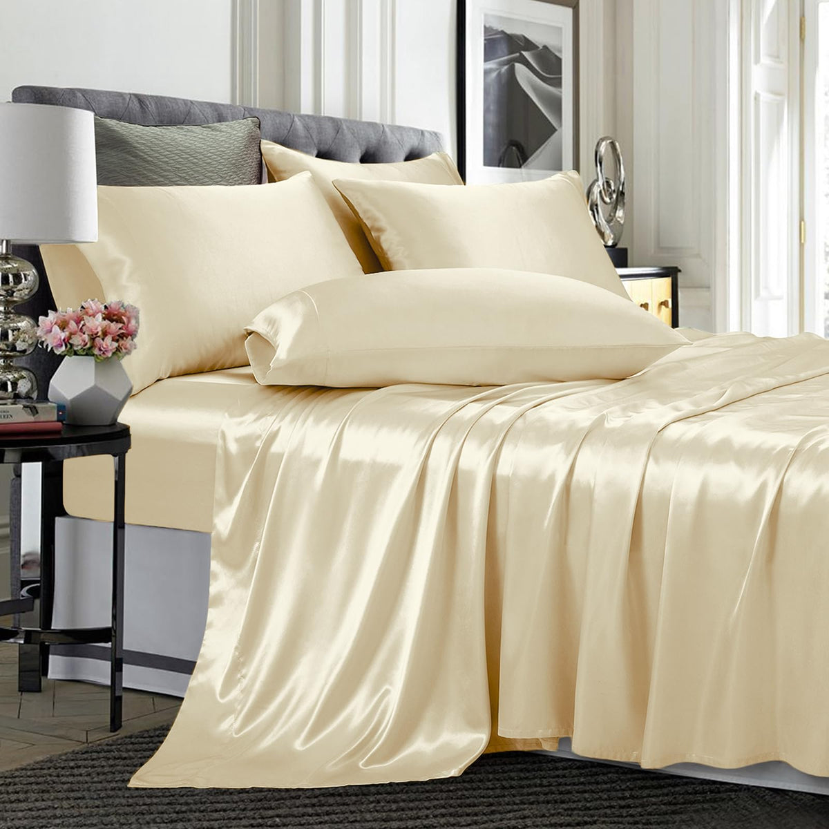 Treely 6 Piece Satin Sheets King Size Silky Smooth Beige Satin Sheet Set With Deep Pocket, Satin Fitted Sheet, Flat Sheet, 4 Sat