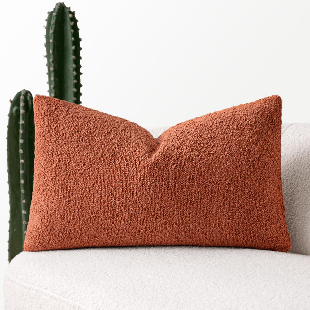 Miulee Pack Of 1 Fall Burnt Orange Boucle Throw Pillow Cover 12X20 Inch Decorative Couch Pillow Cover Textured Accent Solid Pill