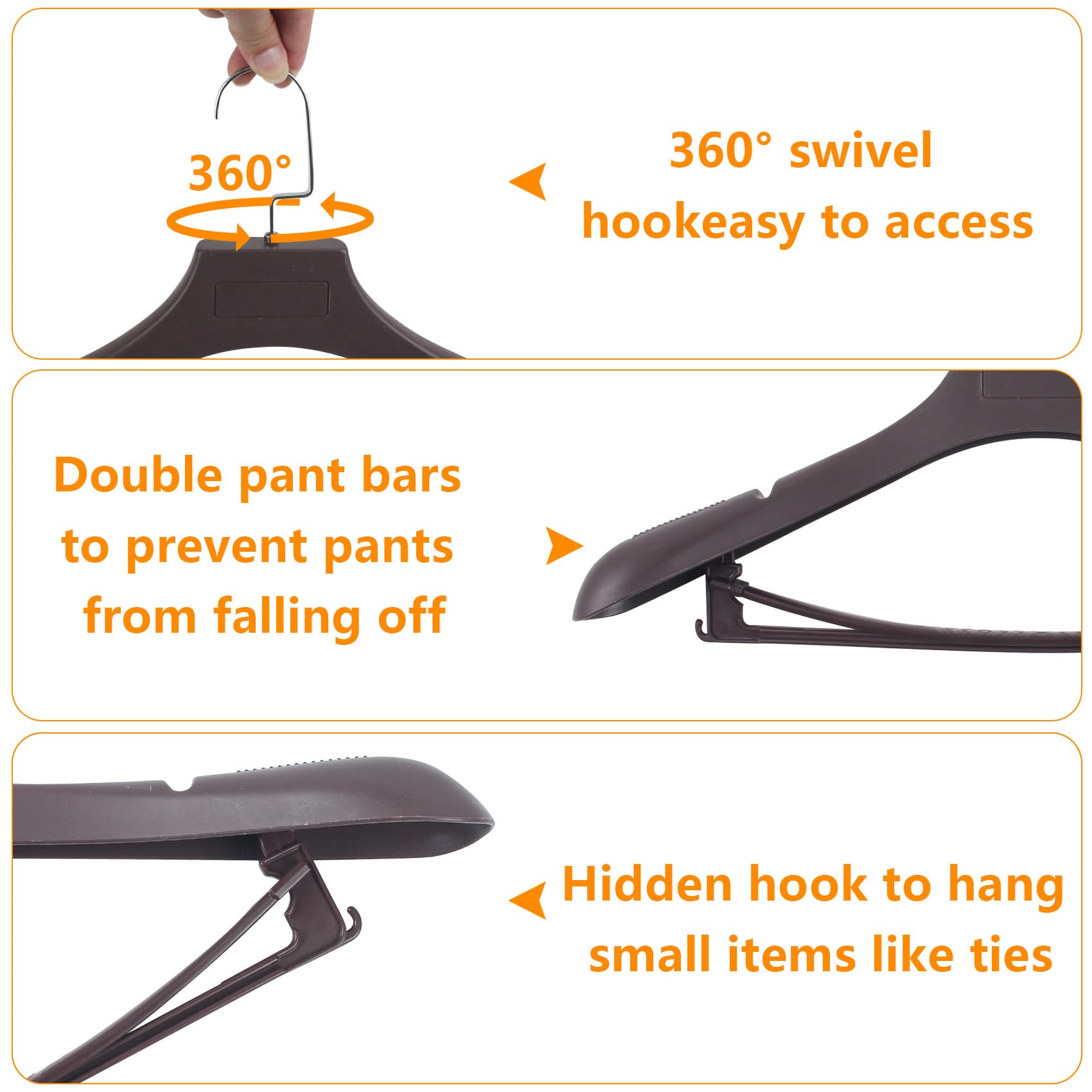 Dedu Suit Hangers For Men 10 Pack, Extra Wide Hangers Non Slip Width 17.7'', Brown Coat Hangers Thick Plastic With Pants Bar 360
