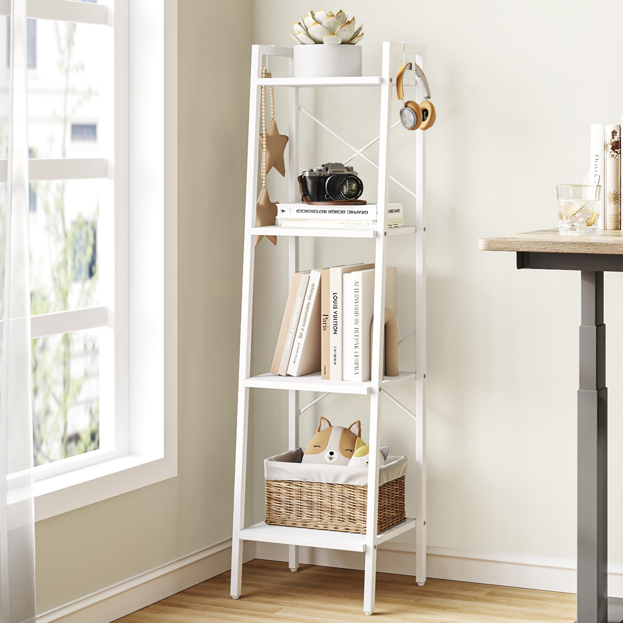 Hzuaneri Ladder Shelf, Bookshelf Bookcase, Freestanding Corner Storage Shelve With 2 Hooks For Home Office, Living Room, Kitchen, Bedroom, Industrial, 4-Tier White Bc13213W