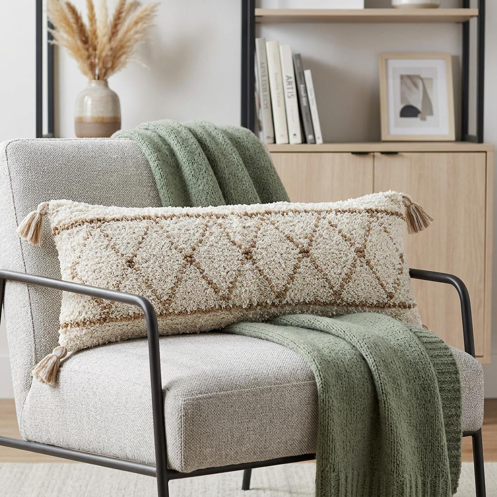 14 X 36 Beige And Ivory Lumbar Geometric Jute And Shag Throw Pillow Cover with Tassels