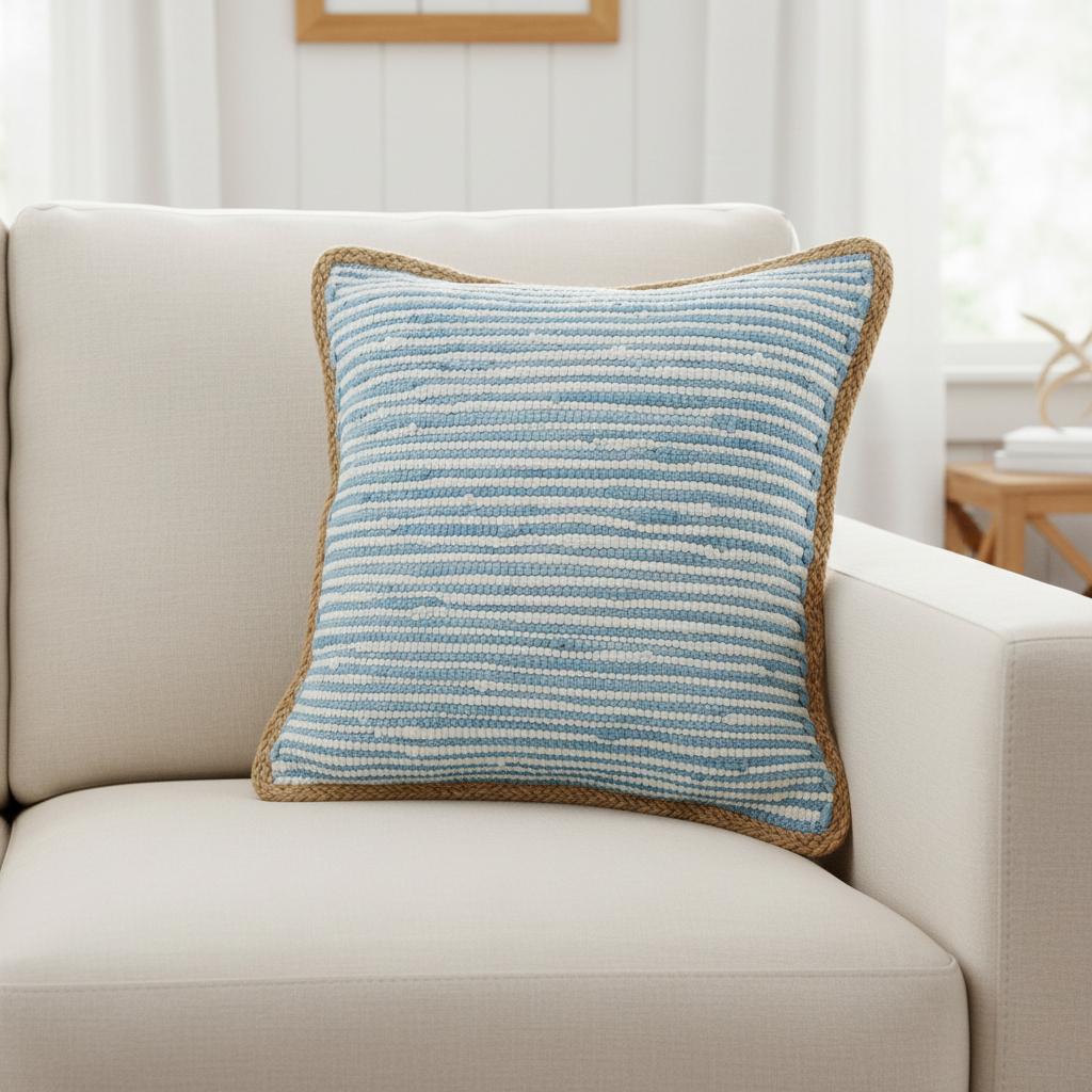 20 Inch Blue And White Beach Striped Cotton Blend Throw Pillow Cover