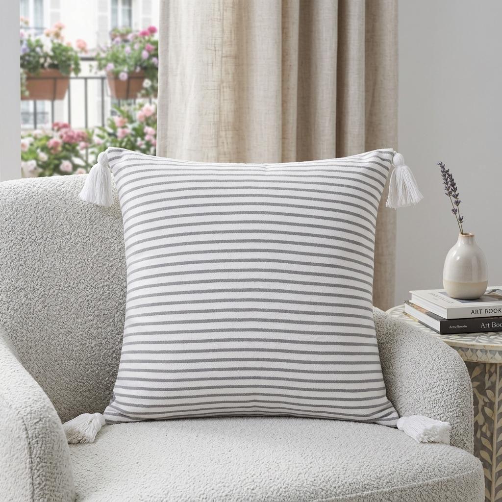 20 Gray And White Striped Cotton Throw Pillow Cover with Tassels