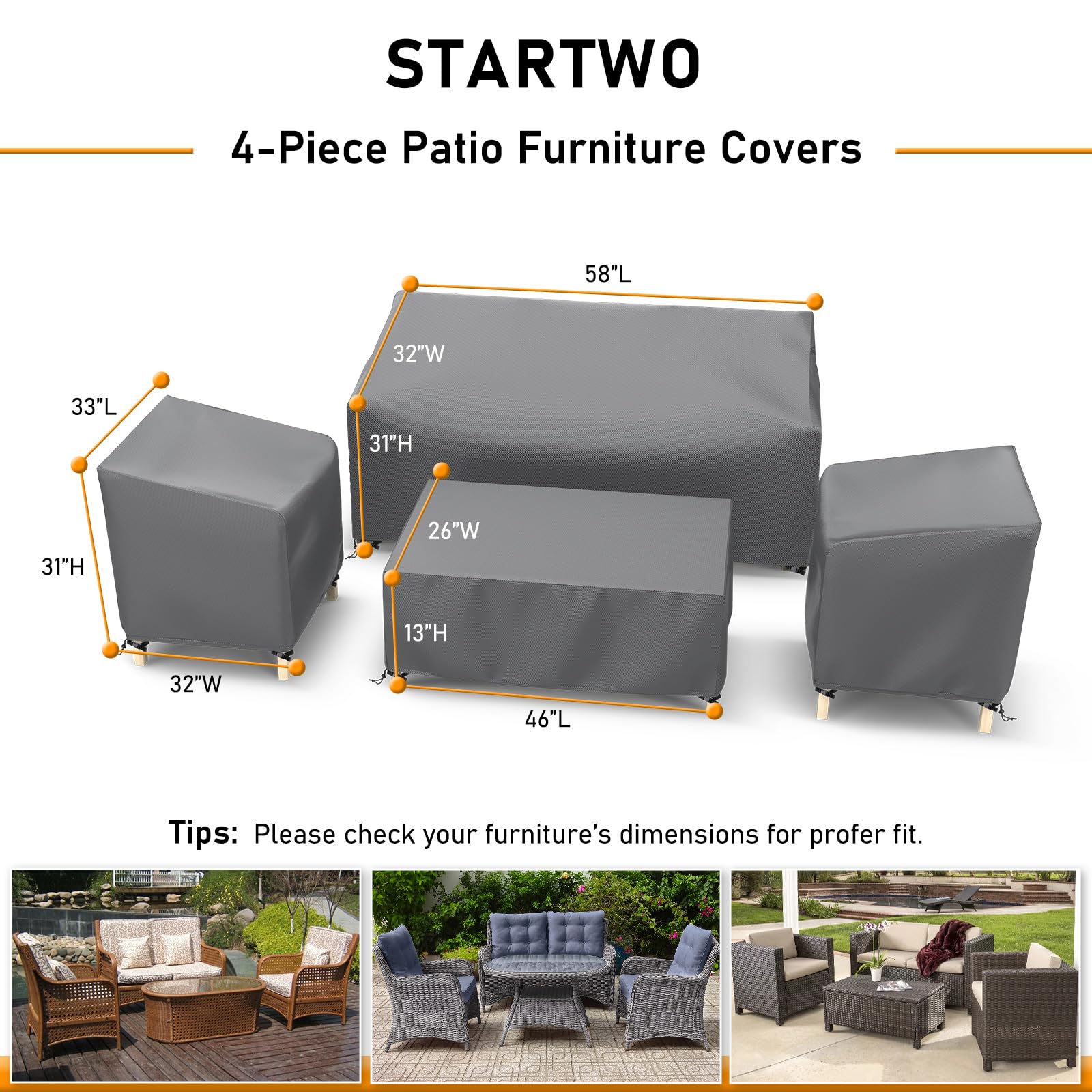Startwo Outdoor Patio Furniture Covers Waterproof 4-Piece Set, For Chairs 33In, Loveseat 58In, Coffee Table 46In, Heavy Duty 600D, Grey