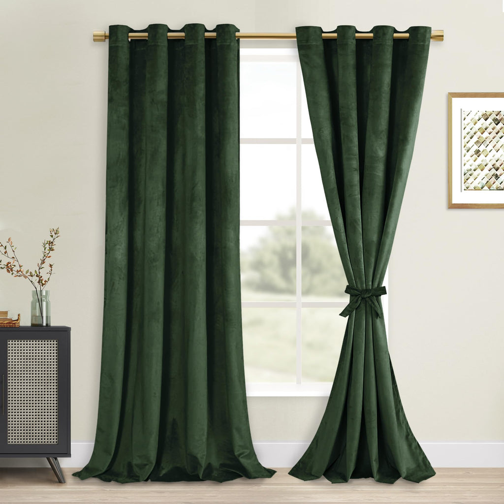 DWCN Olive Green Velvet Curtains 96 inches - Tieable Elegant Sunlight Blocking Curtains for Living Room Thermal Insulated Noise 