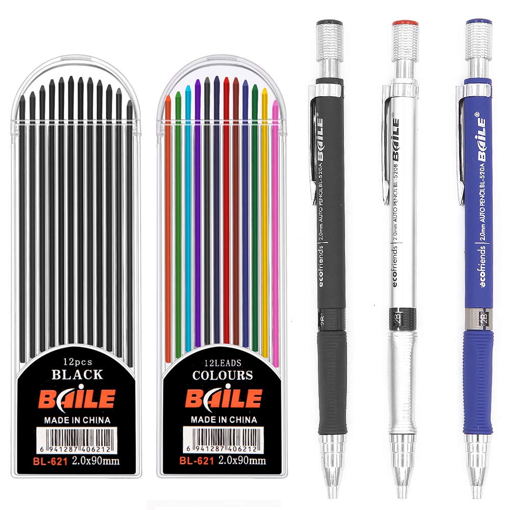 3 Pieces 2.0 Mm 2B Mechanical Pencil,Automatic Pencils With 2 Cases Lead Refills, Color And Black Refills For Draft Drawing, Car