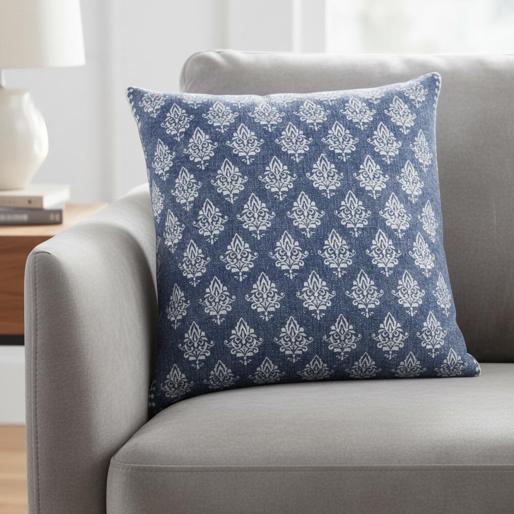 20 Inch Blue And White Damask Cotton Throw Pillow Cover