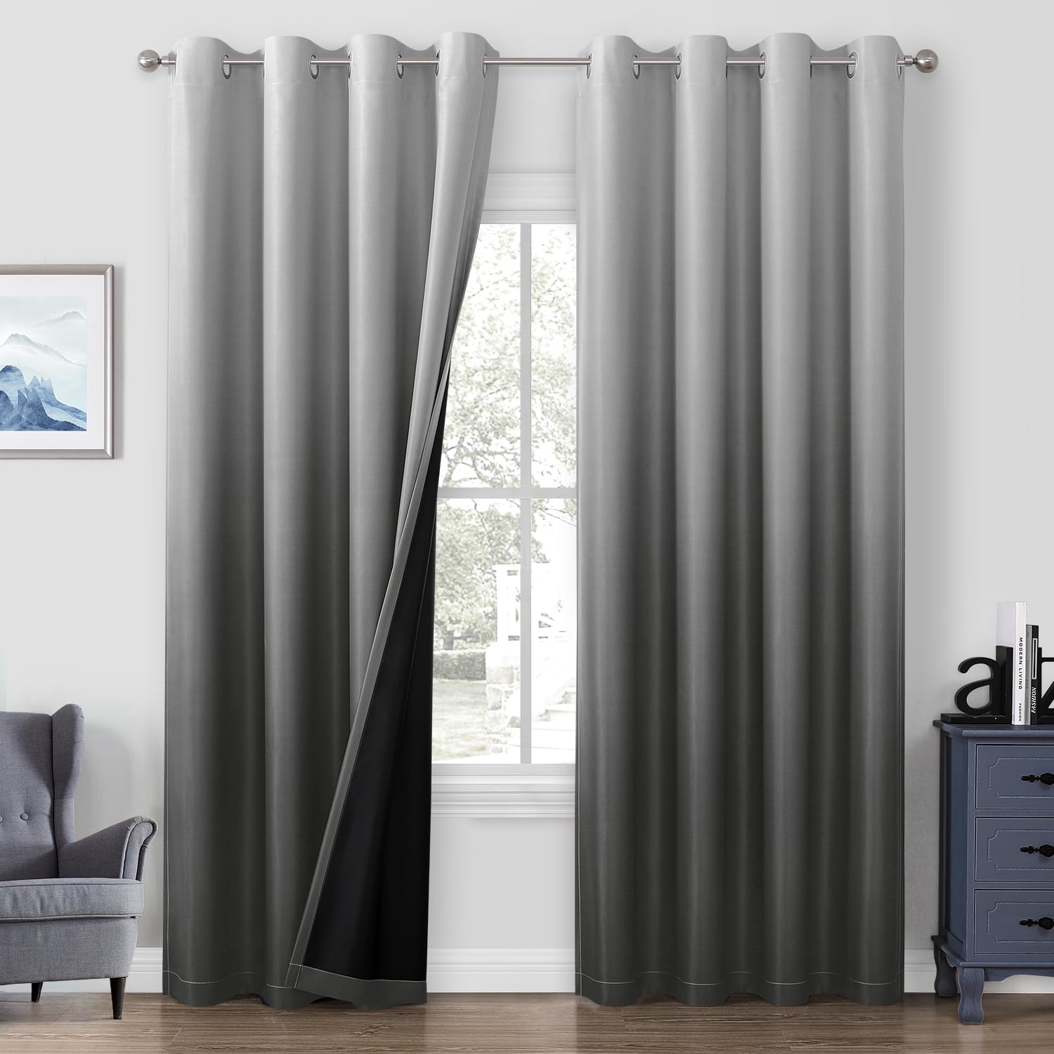 Homeideas 100% Grey/Gray Ombre Blackout Curtains For Bedroom, Room Darkening Curtains 52 X 96 Inches Long Grommet Gradient Drape