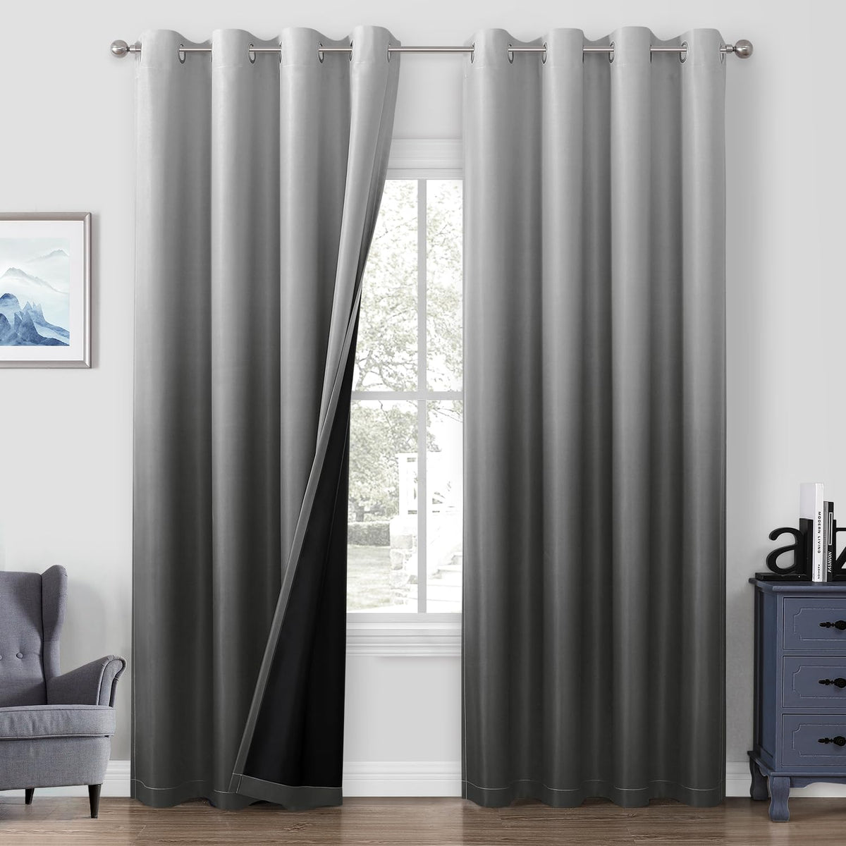 Homeideas 100% Grey/Gray Ombre Blackout Curtains For Bedroom, Room Darkening Curtains 52 X 84 Inches Long Grommet Gradient Drape