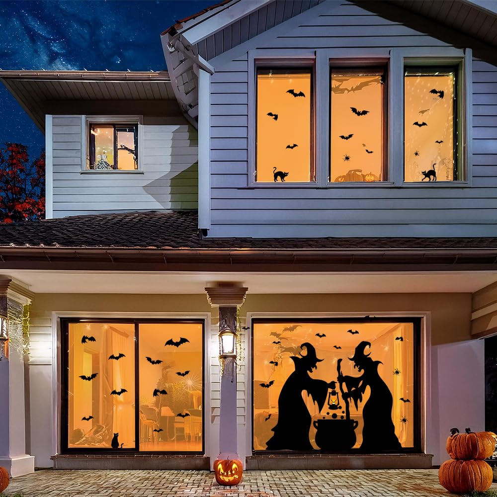 Halloween Decorations Window Clings Decor, Extra Large Witches With Black Cat Bats Spider Cauldron Silhouette Halloween Window S