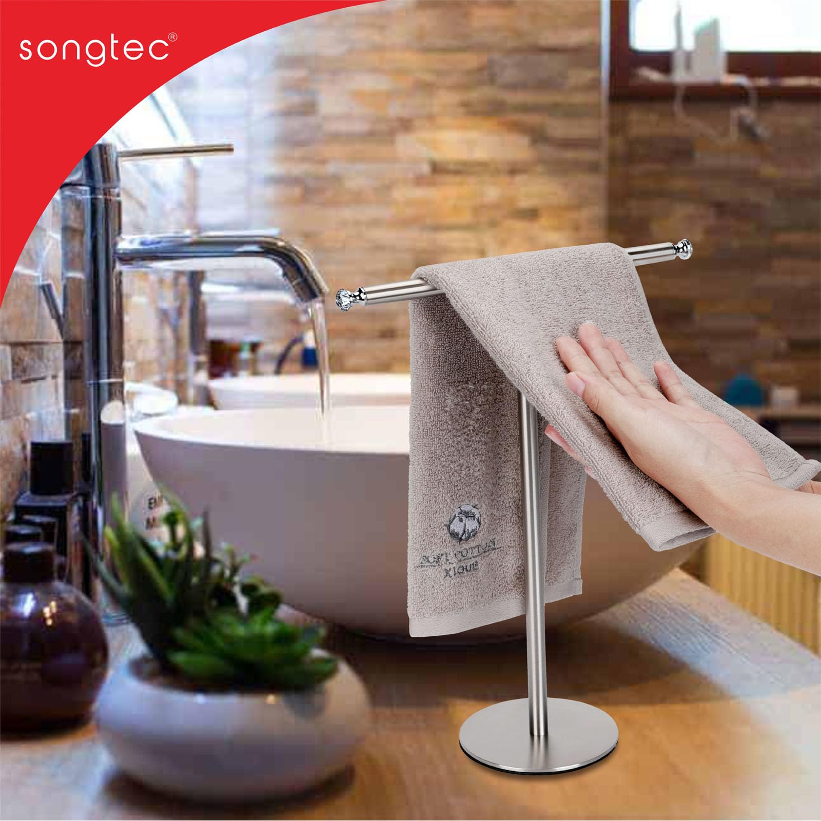Songtec Hand Towel Holder Stand With Crystal Knobs, Fingertip Towel Rack, Rust-Proof Accessories Jewelry Stand - Brushed Nickel