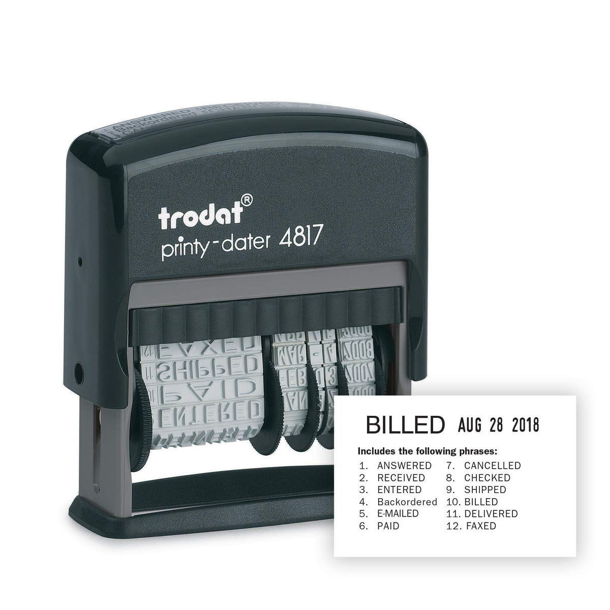 Trodat Printy 4817 Economy Dial-A-Phrase, 12 Popular Office Messages, Month In Letters, Day And Year In Numbers, Rubber Date Sta