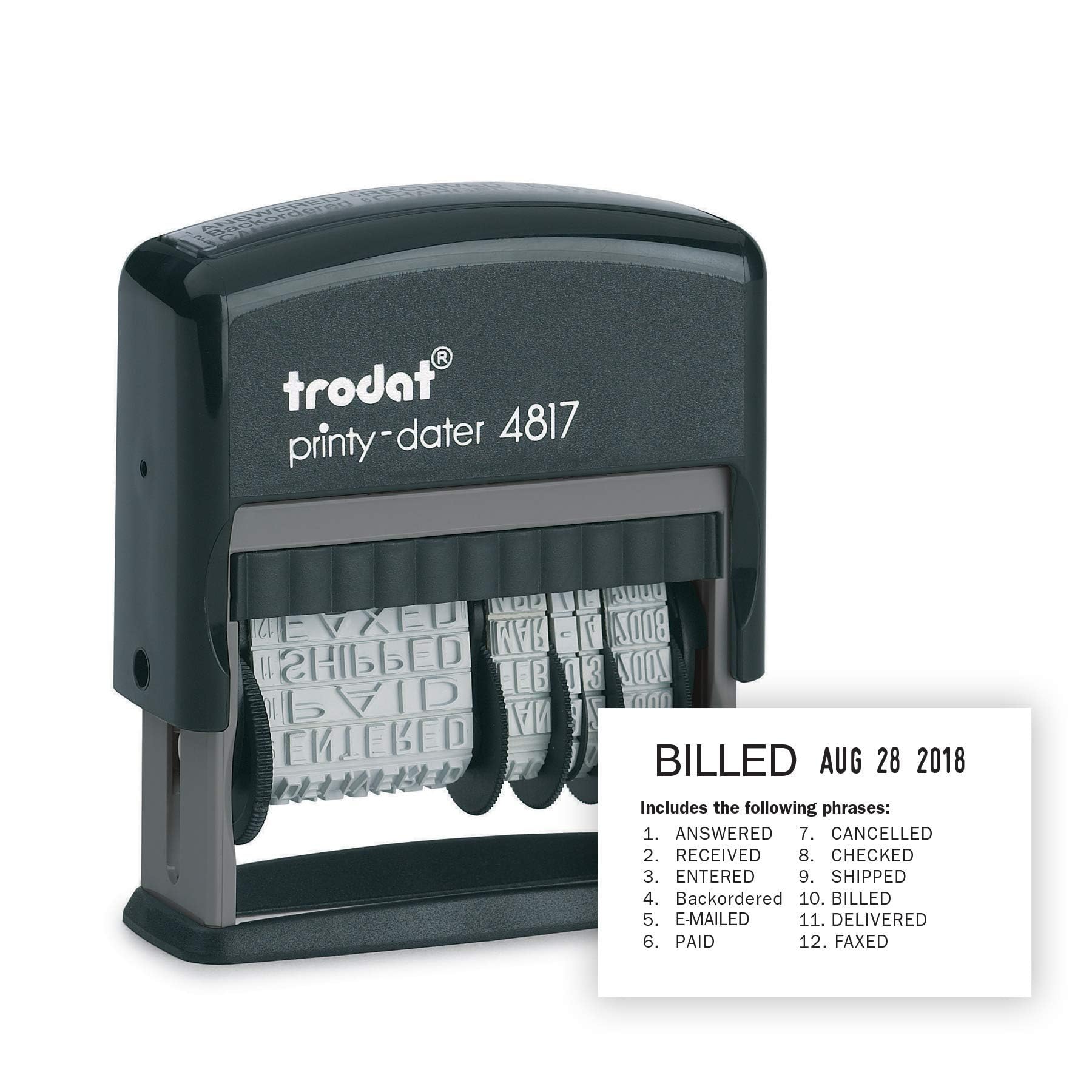 Trodat Printy 4817 Economy Dial-A-Phrase, 12 Popular Office Messages, Month In Letters, Day And Year In Numbers, Rubber Date Sta