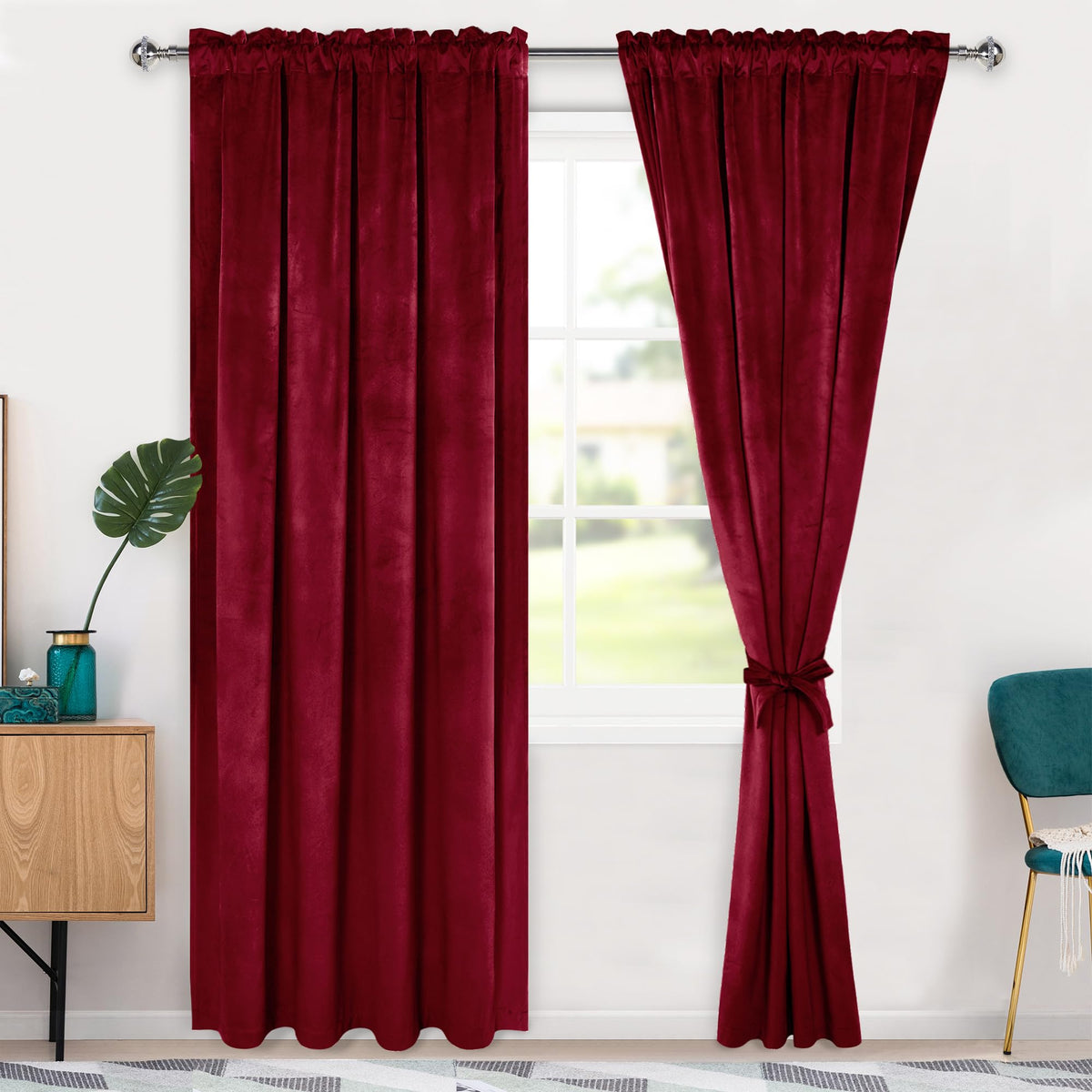 Hiasan Red Velvet Curtains 90 Inch Blackout Rod Pocket Thermal Insulated Soft Curtains Room Darkening Window Drapes With Tieback