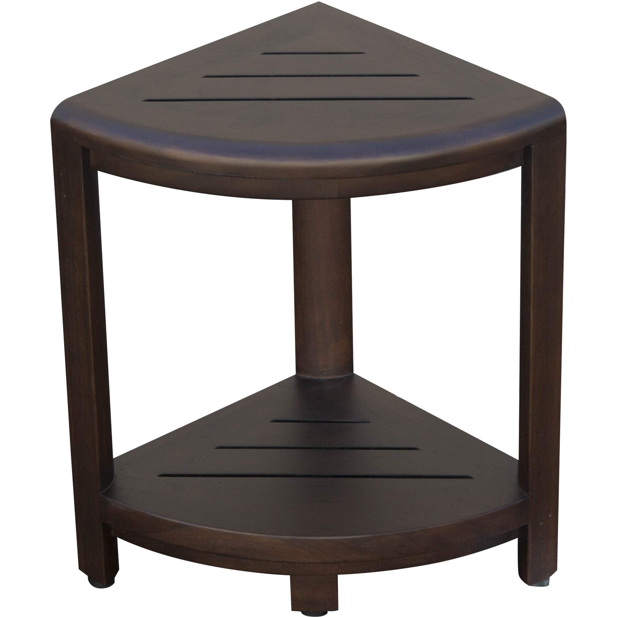 Compact Triangular Teak Shower Outdoor Bench With Shelf In Brown Finish