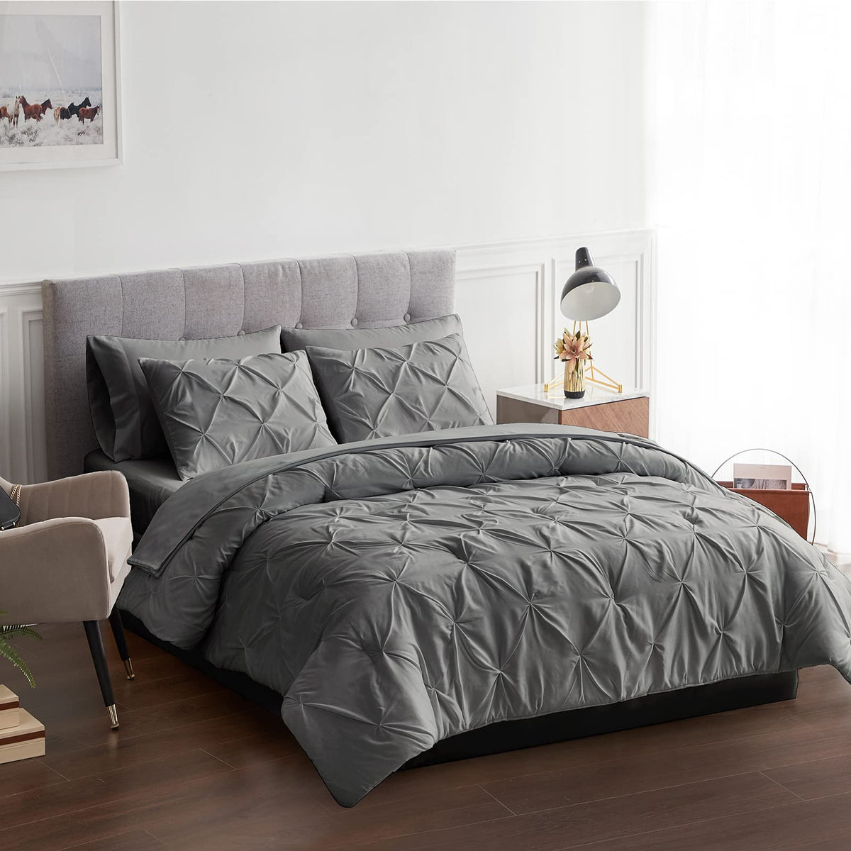 Maple&Stone California King Comforter Set, 7 Pieces Cal King Bed Set, Pinch Pleat Bed In A Bag Bedding Set With Comforter, Sheet