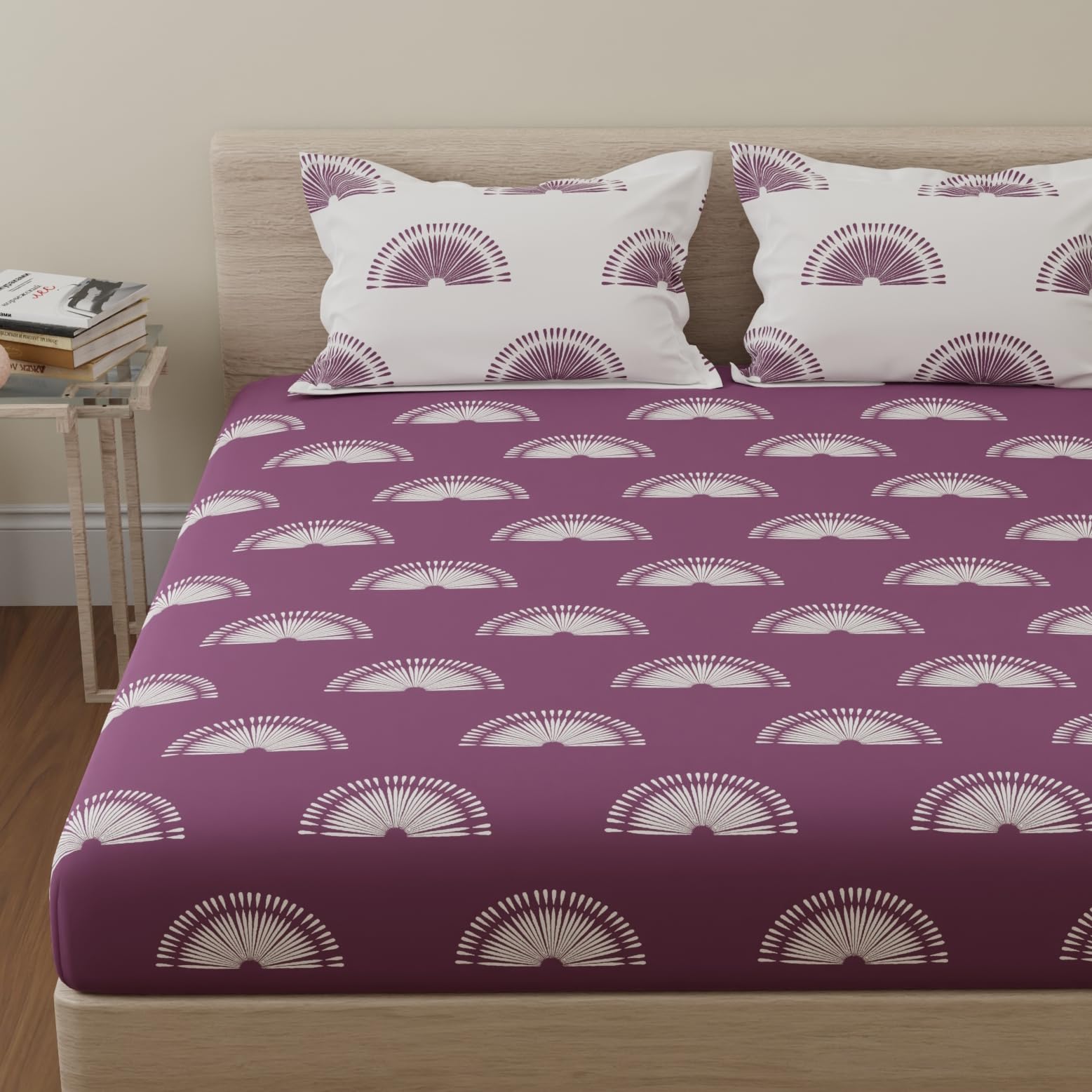 Huesland By Ahmedabad Cotton 144 Tc Cotton Bedsheet For King Bed With 2 Pillow Covers | Sunrise | Grape Purple & White