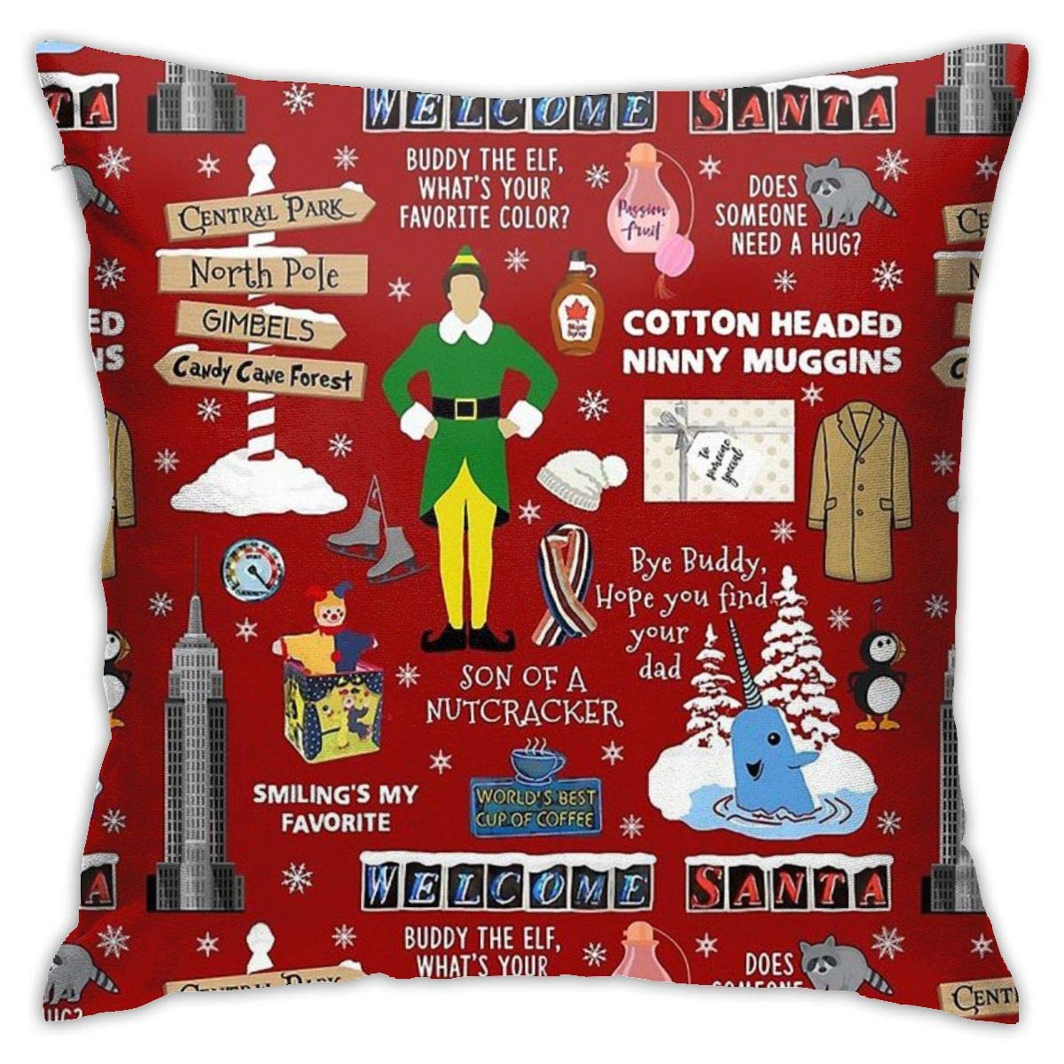 Kiila Buddy The Elf Collage Red Background Home Decorative Throw Pillow Cases Sofa Couch Cushion Throw Pillow Covers 18X18 Inch