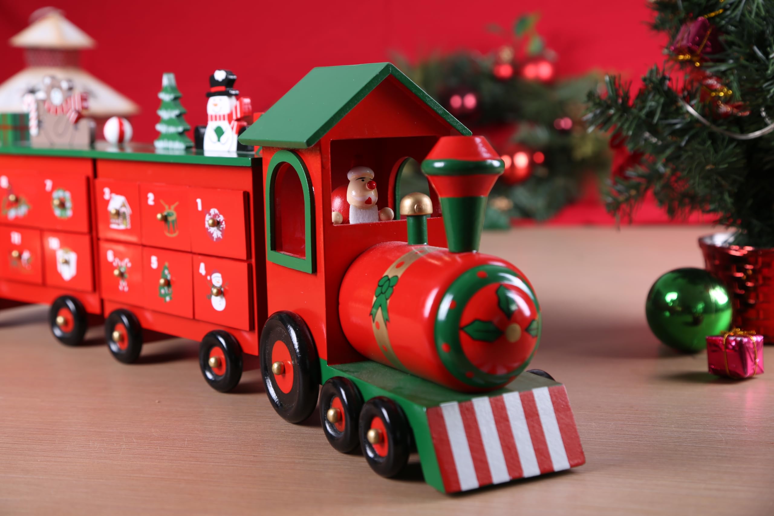 Pioneer-Effort Christmas Wooden Advent Calendar Train With 24 Drawers For Adults Kids Christmas Countdown Decoration (Red&Black&