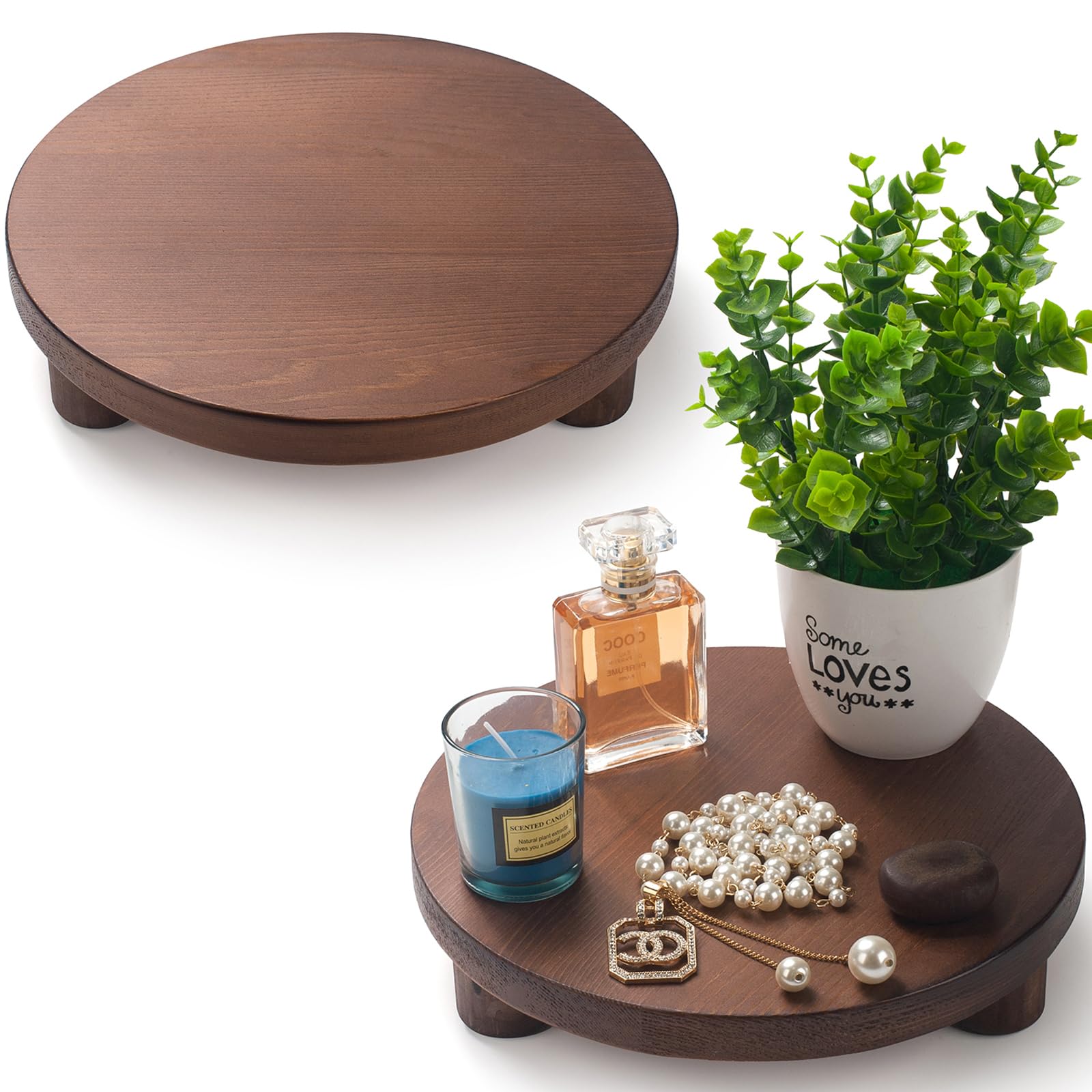 DEAMACE Wood Riser for Decor, 2 Pack Wood Pedestal Stand for Display, Round Wooden Tray for Kitchen Counter, Wooden Pedestal Sta
