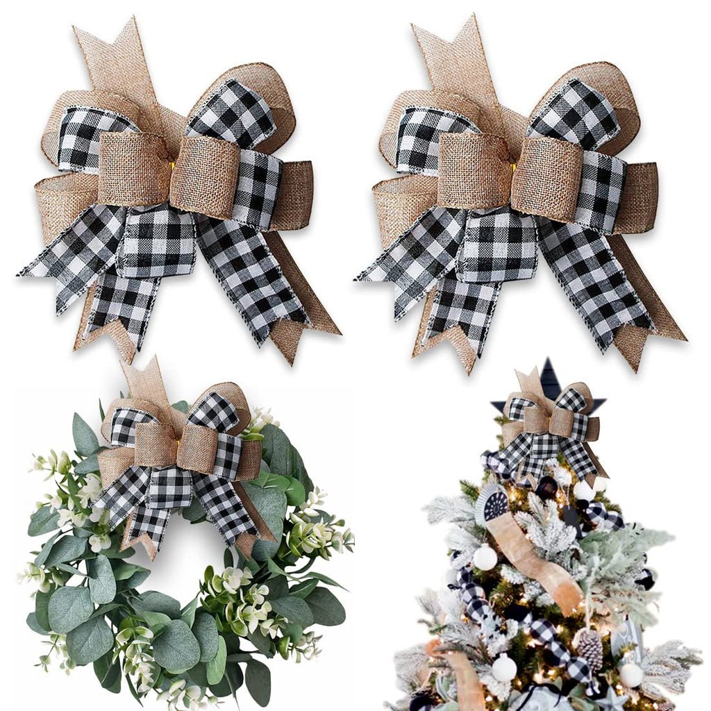 Hongsome Buffalo Plaid Burlap Bows for Wreath 2 Pack,12   x9.4   Large Rustic Farmhouse Decor Tree Topper Check Bow Decorations 