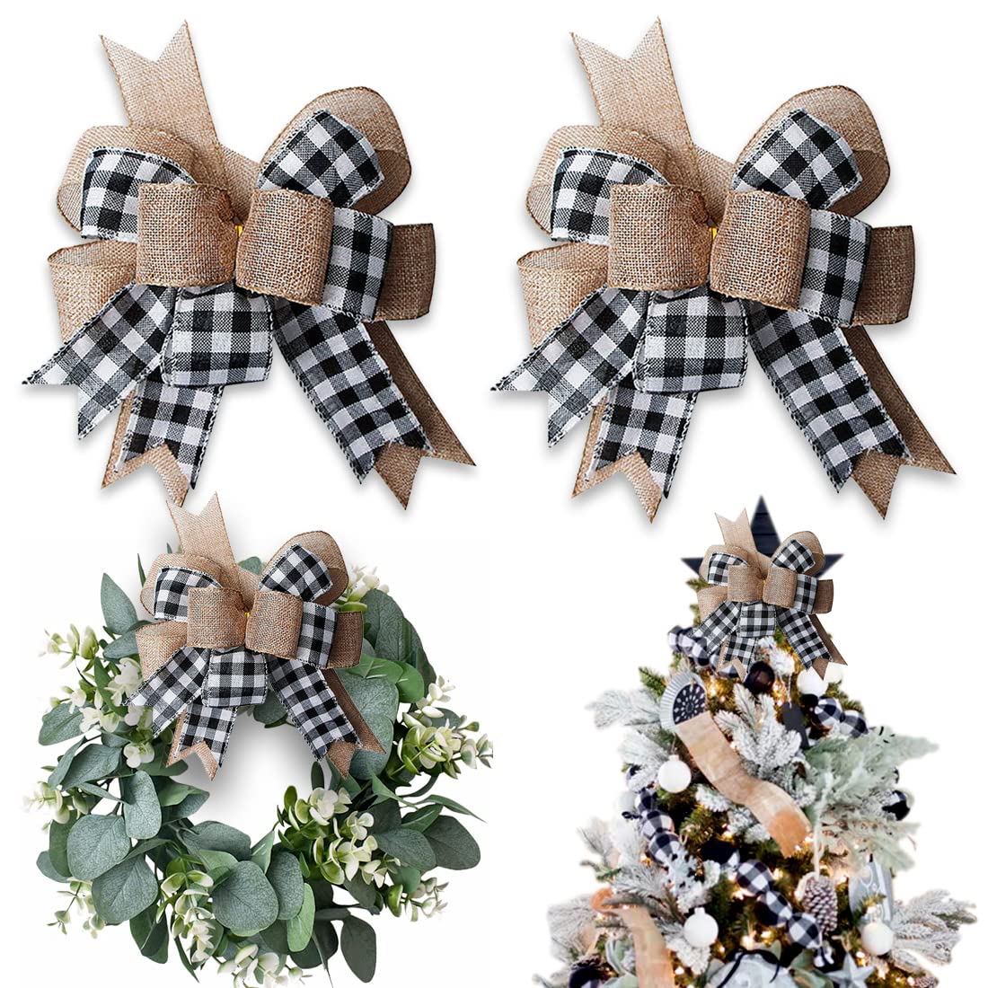 Hongsome Buffalo Plaid Burlap Bows for Wreath 2 Pack,12   x9.4   Large Rustic Farmhouse Decor Tree Topper Check Bow Decorations 