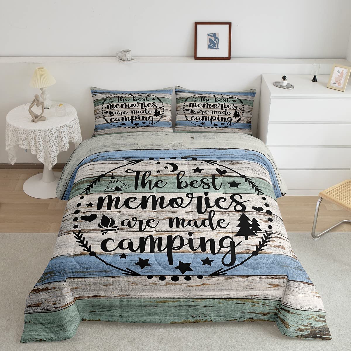 Happy Camping Comforter Set Queen,Boho Arrows Black Sketch Bedding Set 3Pcs For Kids Teens Adults Room Decor,Teal Old Wood Board