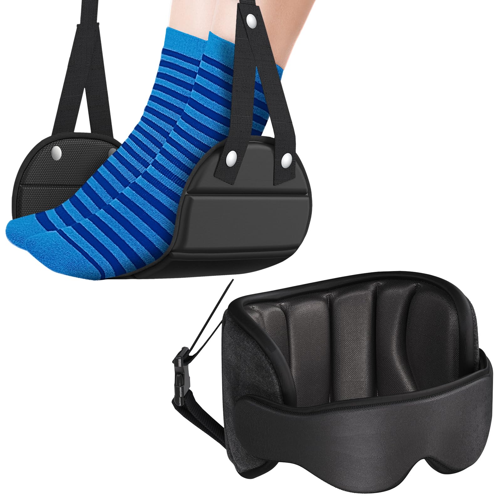 SARISUN Travel Pillow Airplane Foot Hammock Set, Airplane Pillows with 3D Eye Mask for Sleeping, 360 Support Plane Head Strap, L
