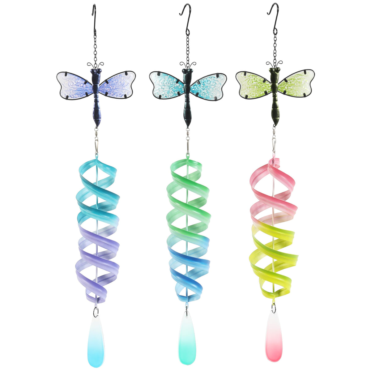 Deco 79 Metal Dragonfly Swirl Wind Spinner Windchime With Dangling Charms, Set Of 3 6' W, 25' H, Multi Colored