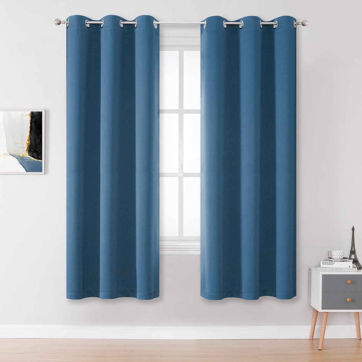 Dualife Midnight Blue Curtains 63 Inch Length For Boys Kids Room 2 Panel, Grommet Boho Curtains For Bedroom, Dark Denim Blue, 42