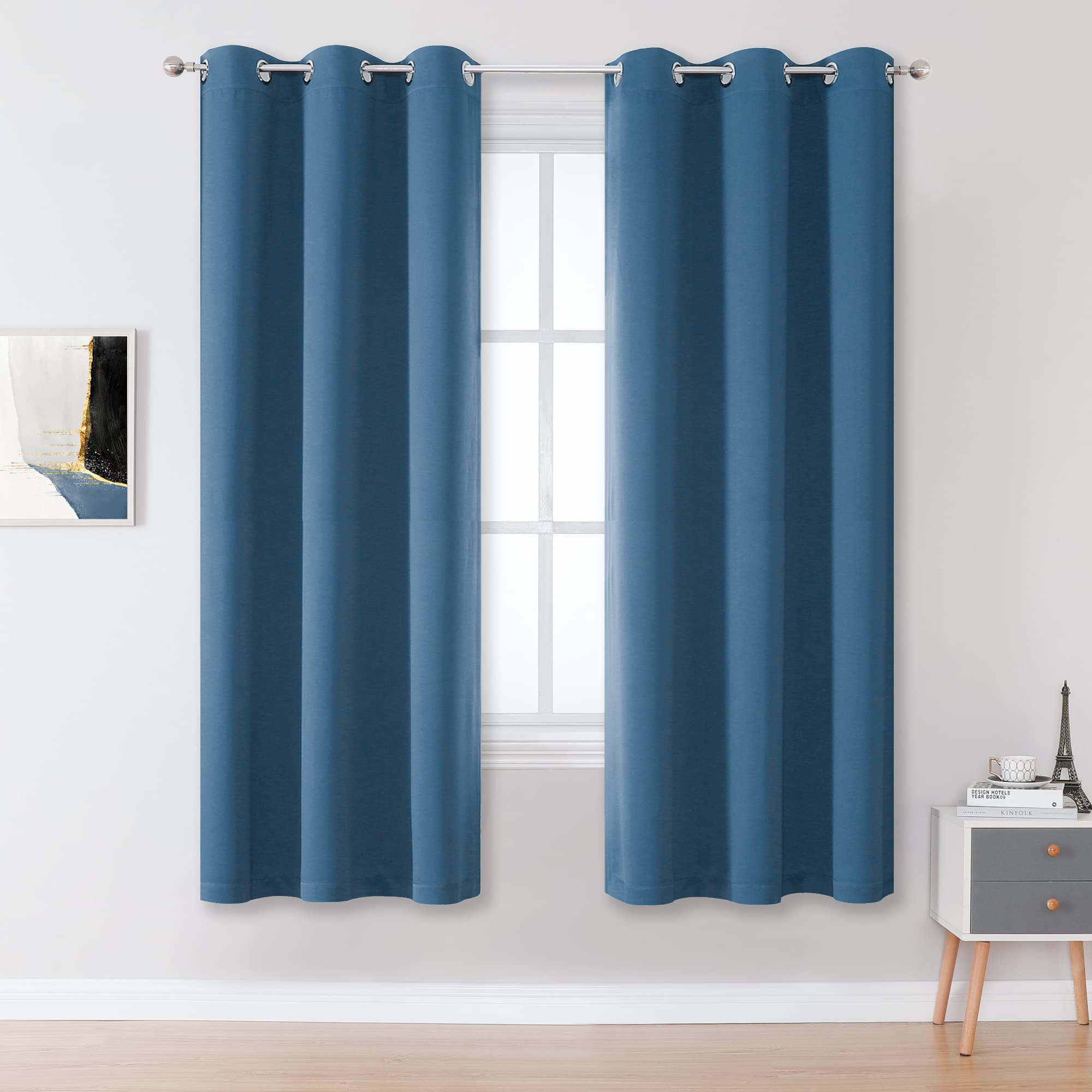 Dualife Midnight Blue Curtains 63 Inch Length For Boys Kids Room 2 Panel, Grommet Boho Curtains For Bedroom, Dark Denim Blue, 42