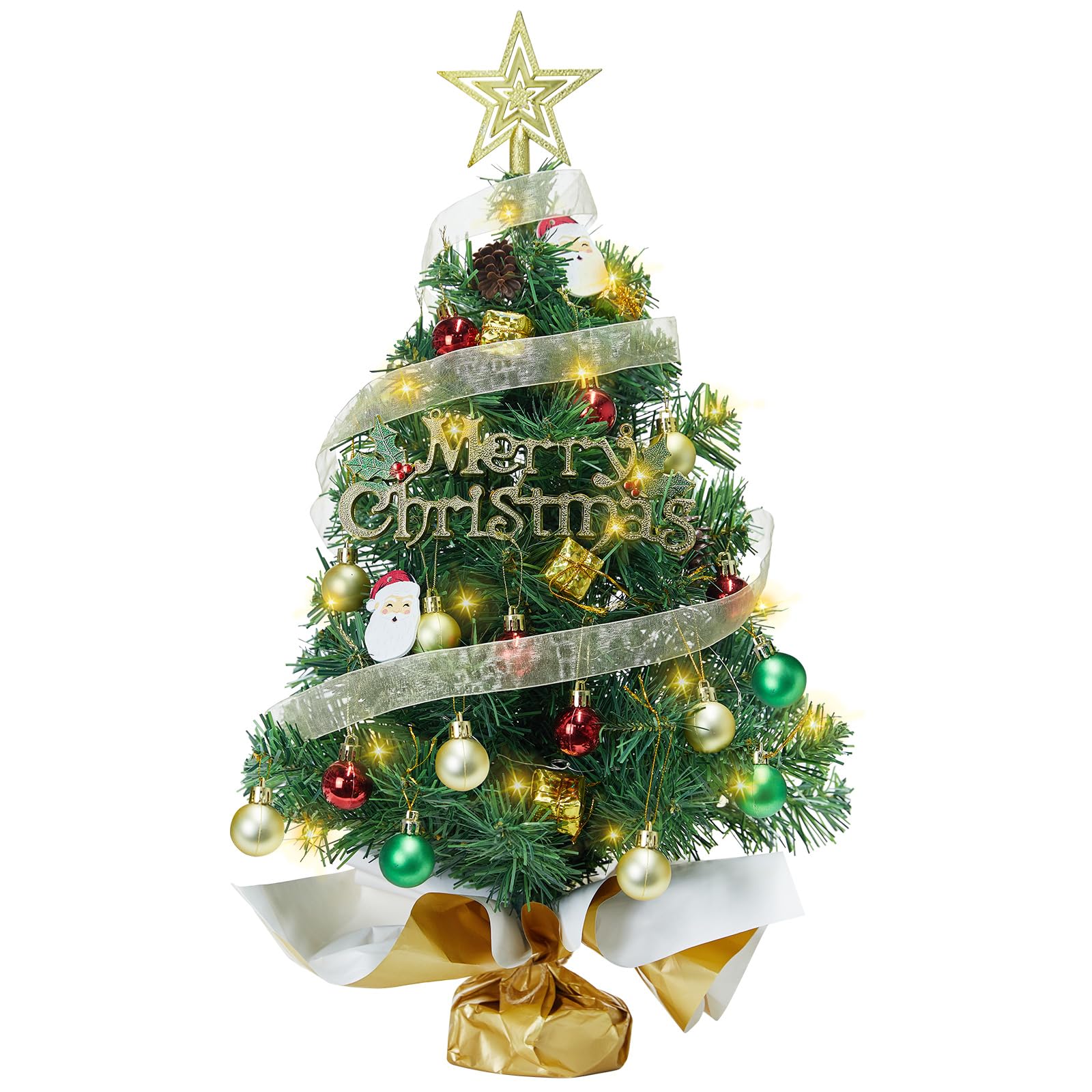 Small Mini Table top Christmas Tree with 50 LED Lights 24 Inch /2FT Little Prelit Christmas Tree Decorated Gift Boxes and Hangin